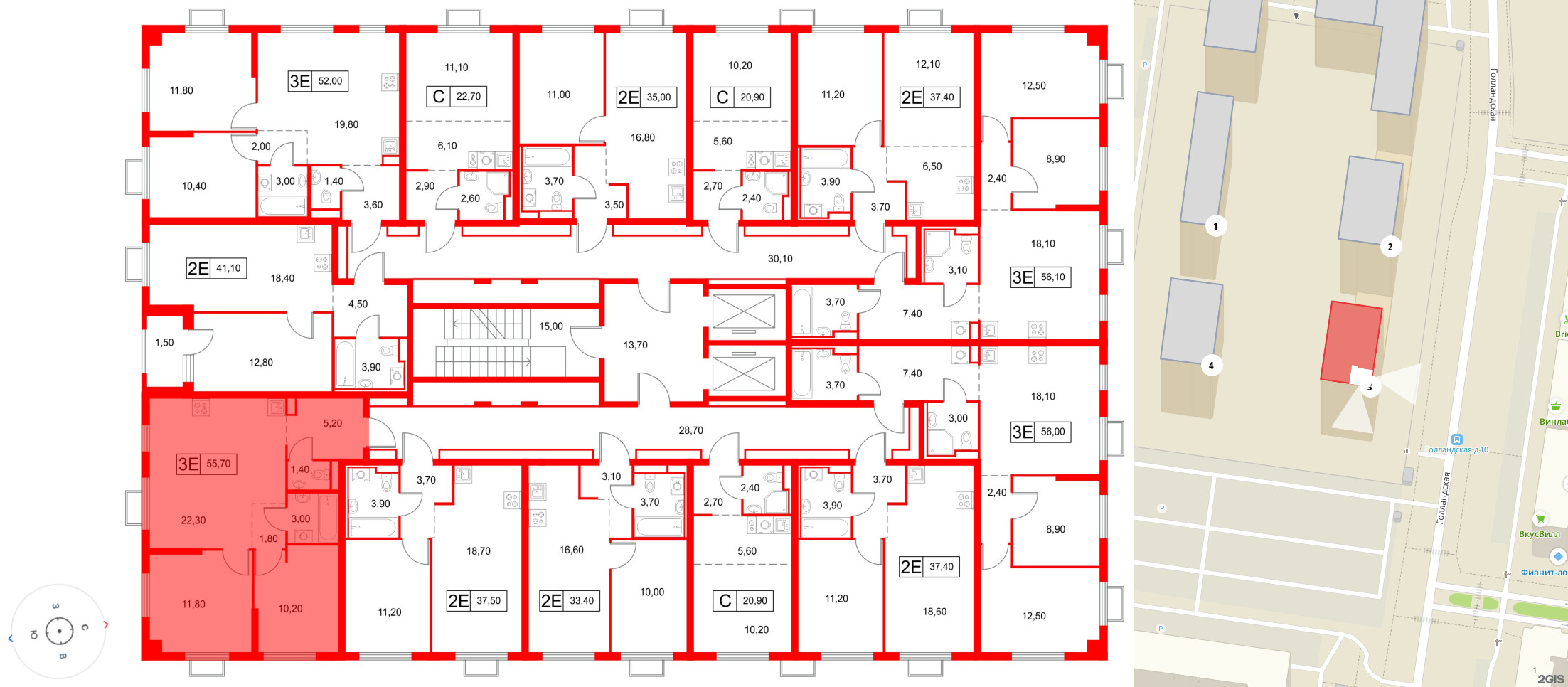 Квартира в ЖК «Янинский Лес», 2 комнатная, 55.7 м², 2 этаж