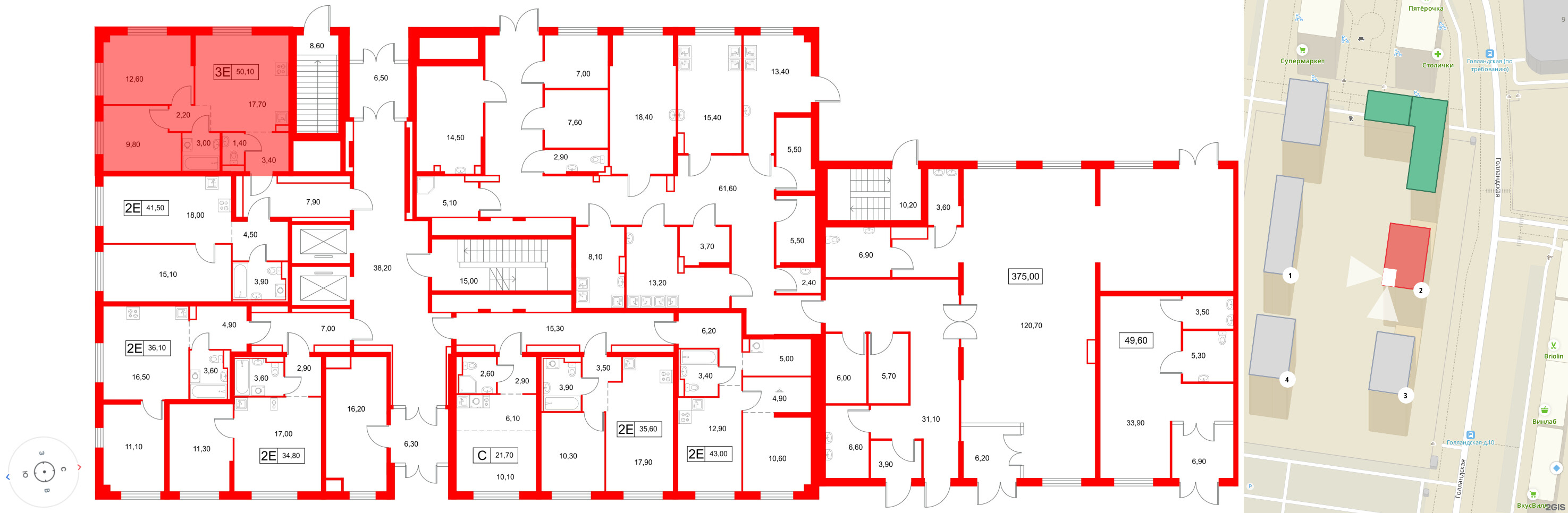 Квартира в ЖК «Янинский Лес», 2 комнатная, 50.1 м², 1 этаж