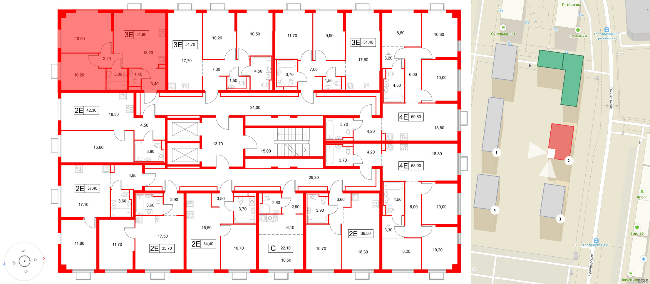Квартира в ЖК «Янинский Лес», 2 комнатная, 51.9 м², 9 этаж