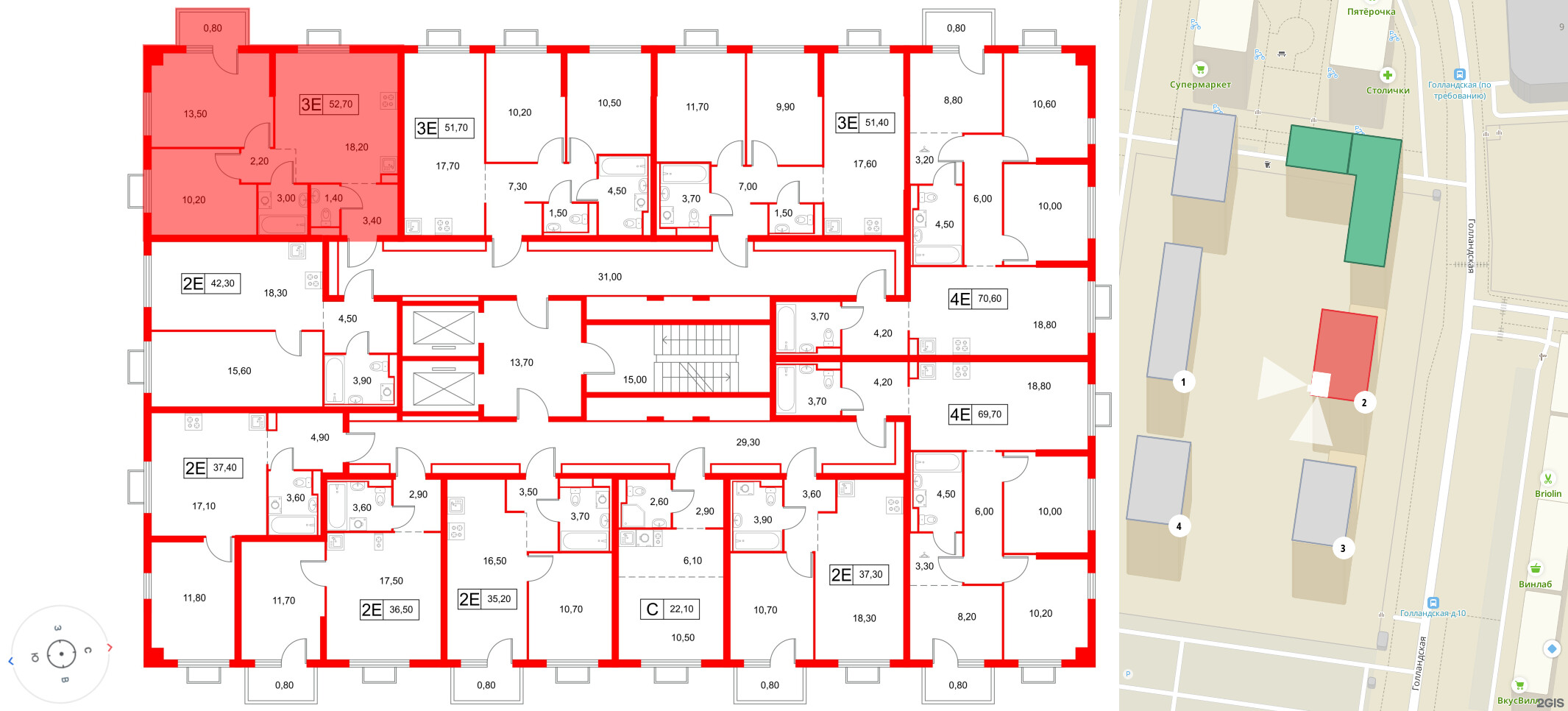 Квартира в ЖК «Янинский Лес», 2 комнатная, 52.7 м², 14 этаж