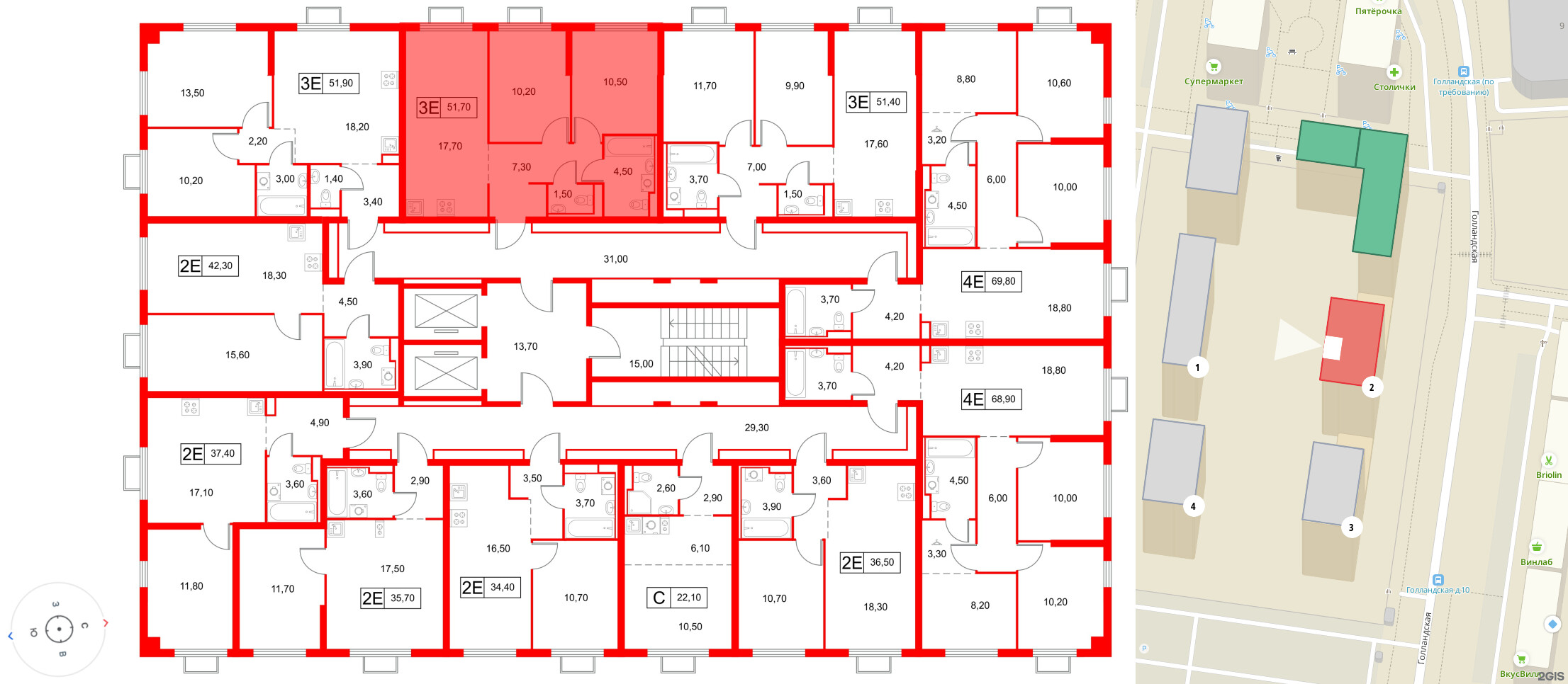 Квартира в ЖК «Янинский Лес», 2 комнатная, 51.7 м², 12 этаж