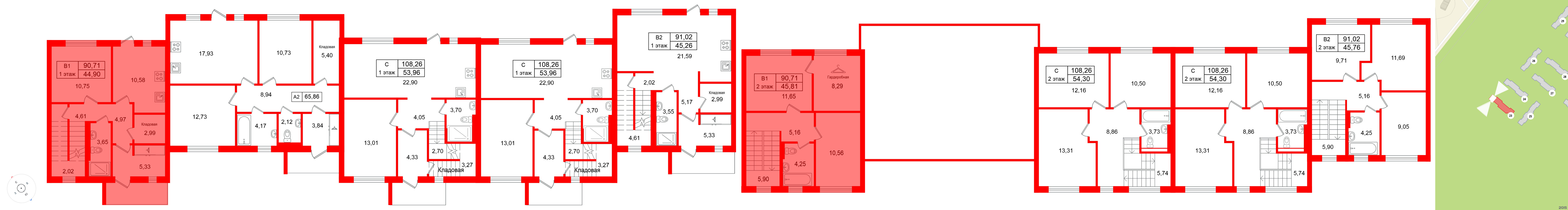 Квартира в ЖК СветЛО, 3 комнатная, 90.71 м², 1 этаж