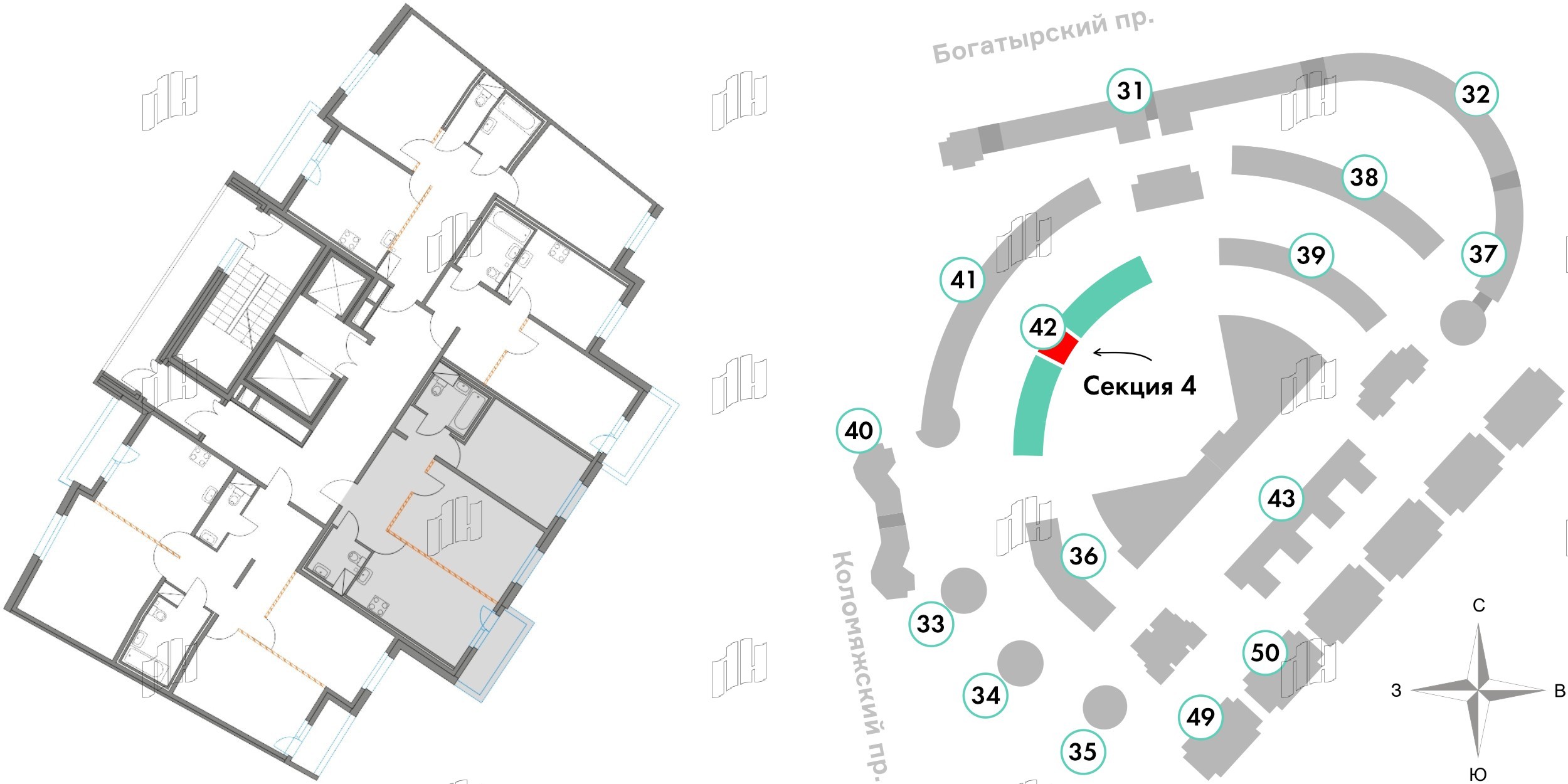 Квартира в ЖК Приморский квартал, 2 комнатная, 59.97 м², 2 этаж
