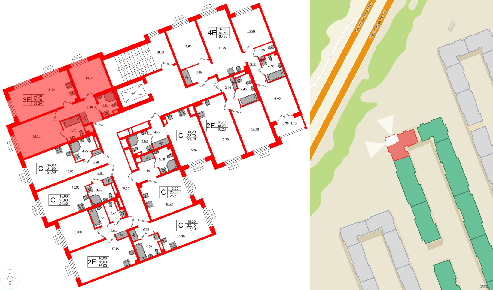 Квартира в ЖК «Пулково Lake», 2 комнатная, 56.2 м², 3 этаж