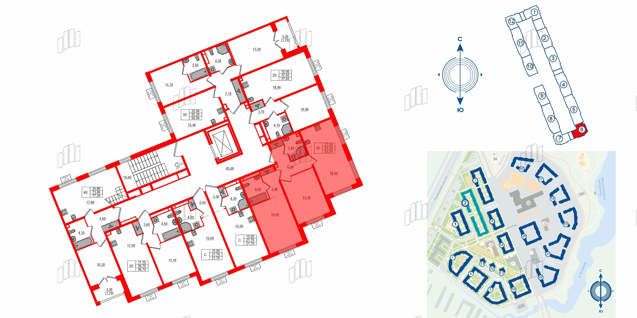 Квартира в ЖК «Пулково Lake», 2 комнатная, 63.2 м², 3 этаж