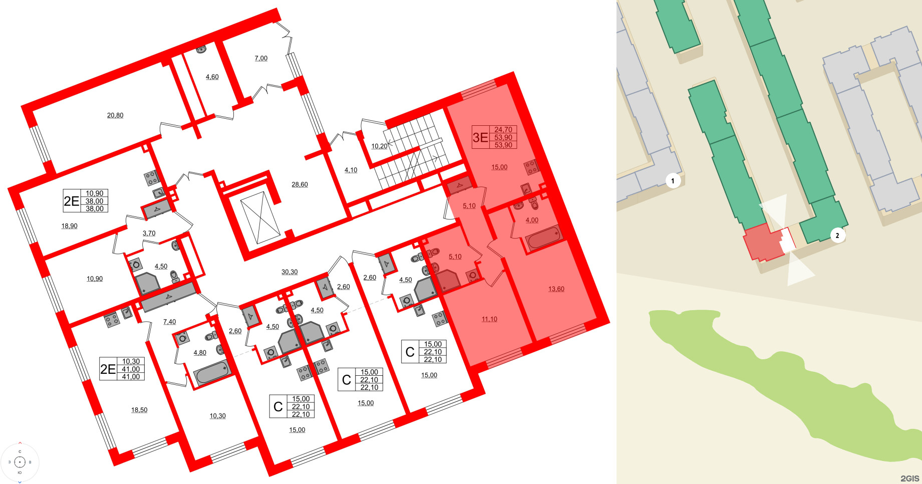 Квартира в ЖК «Пулково Lake», 2 комнатная, 53.9 м², 1 этаж