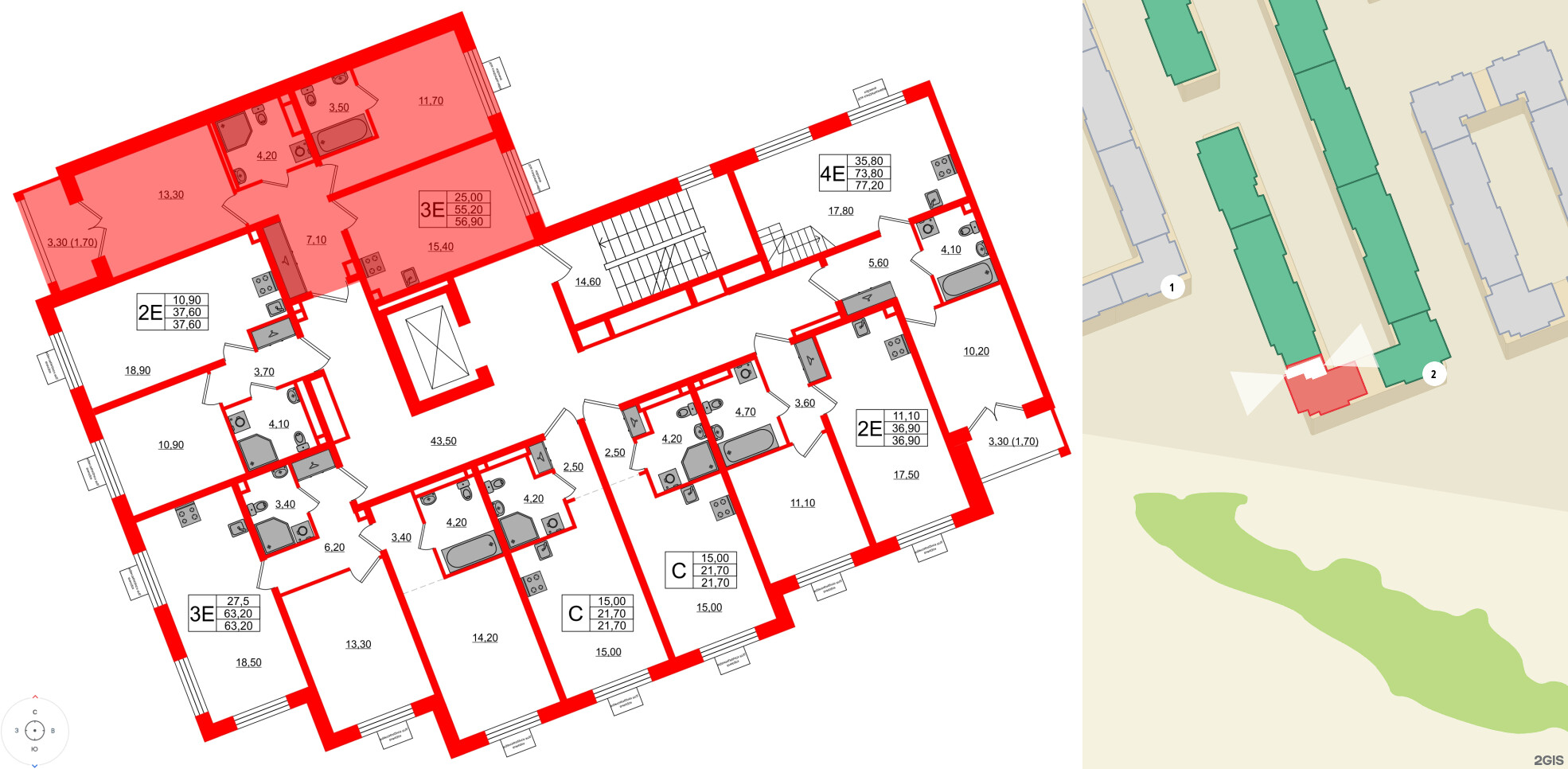 Квартира в ЖК «Пулково Lake», 2 комнатная, 56.9 м², 3 этаж