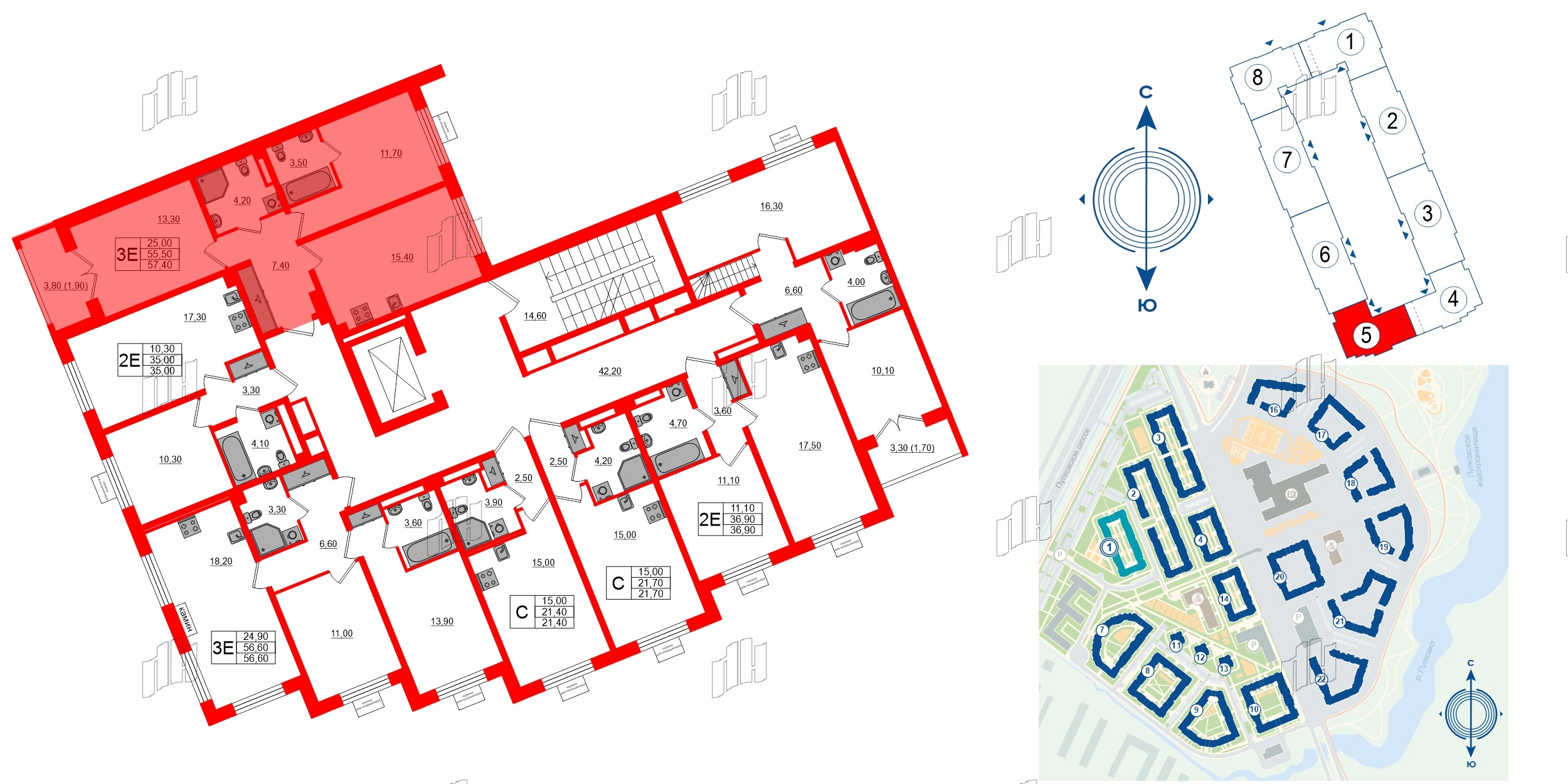 Квартира в ЖК «Пулково Lake», 2 комнатная, 57.4 м², 4 этаж