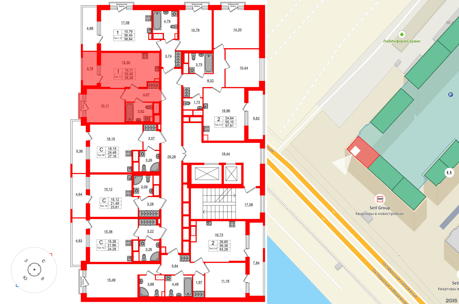 Квартира в ЖК «Сэтл Ривьера», 1 комнатная, 33.4 м², 9 этаж