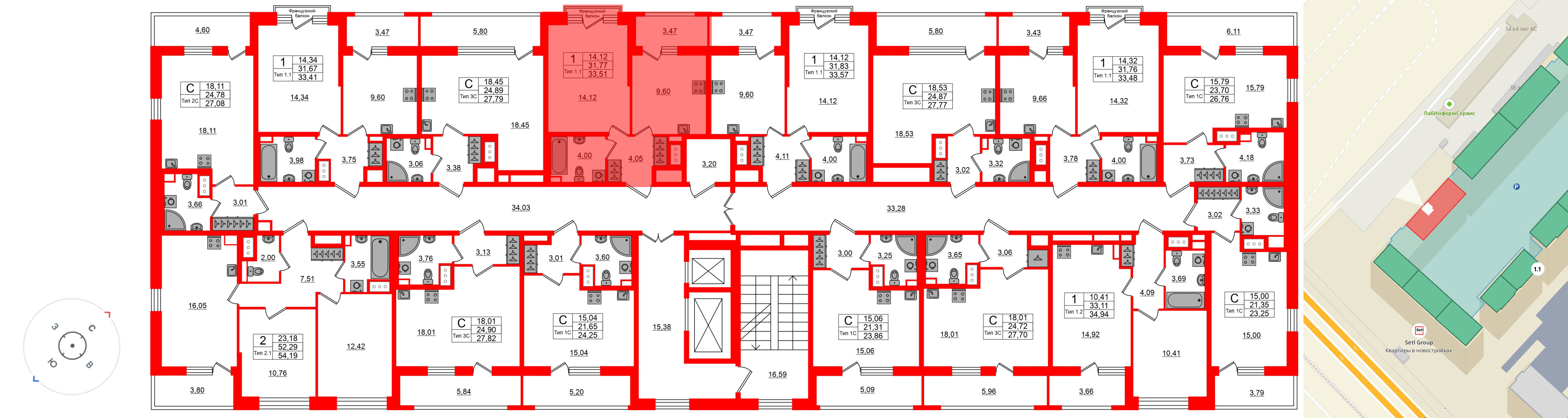 Квартира в ЖК «Сэтл Ривьера», 1 комнатная, 31.77 м², 3 этаж