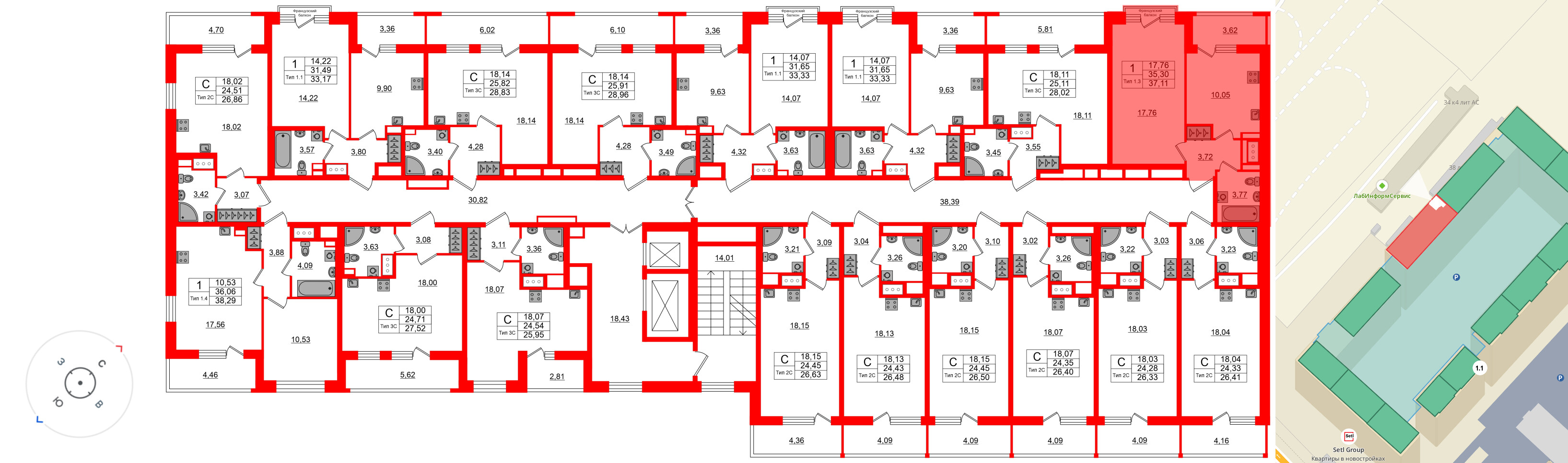 Квартира в ЖК «Сэтл Ривьера», 1 комнатная, 35.3 м², 3 этаж
