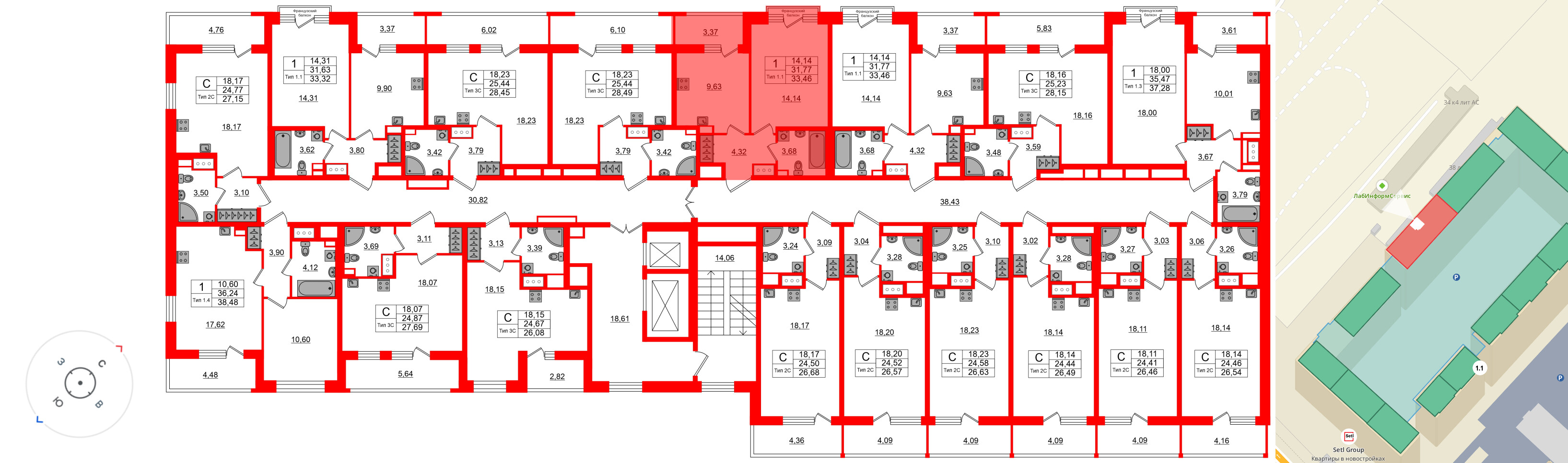 Квартира в ЖК «Сэтл Ривьера», 1 комнатная, 31.77 м², 13 этаж