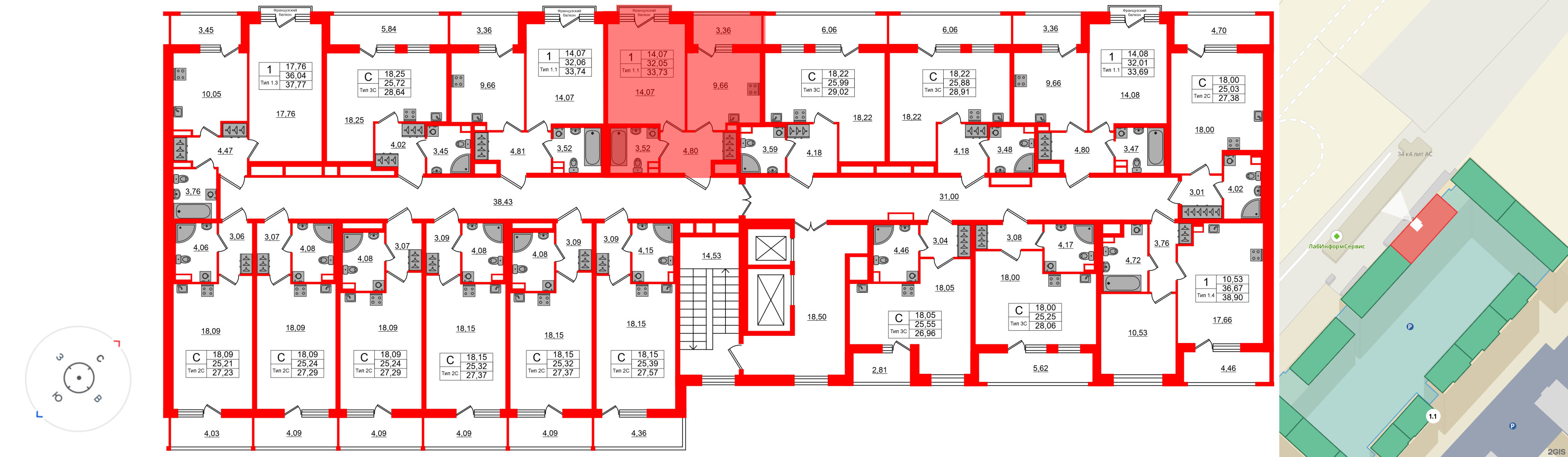 Квартира в ЖК «Сэтл Ривьера», 1 комнатная, 32.05 м², 2 этаж