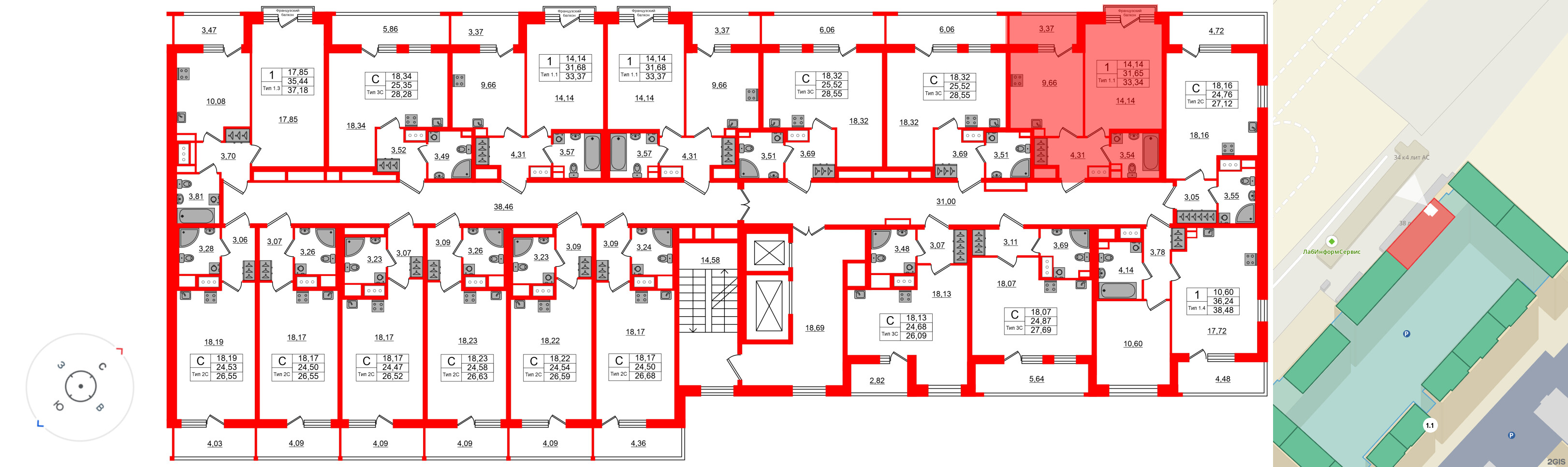 Квартира в ЖК «Сэтл Ривьера», 1 комнатная, 31.65 м², 11 этаж