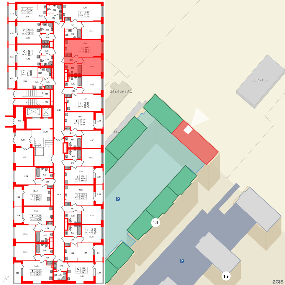 Квартира в ЖК Setl Ривьера, 1 комнатная, 36.45 м², 1 этаж