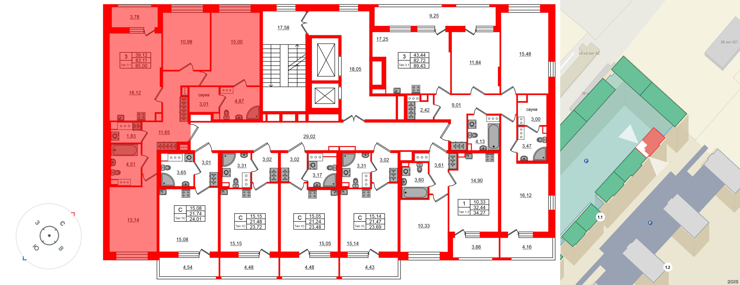 Квартира в ЖК «Сэтл Ривьера», 3 комнатная, 83.11 м², 5 этаж