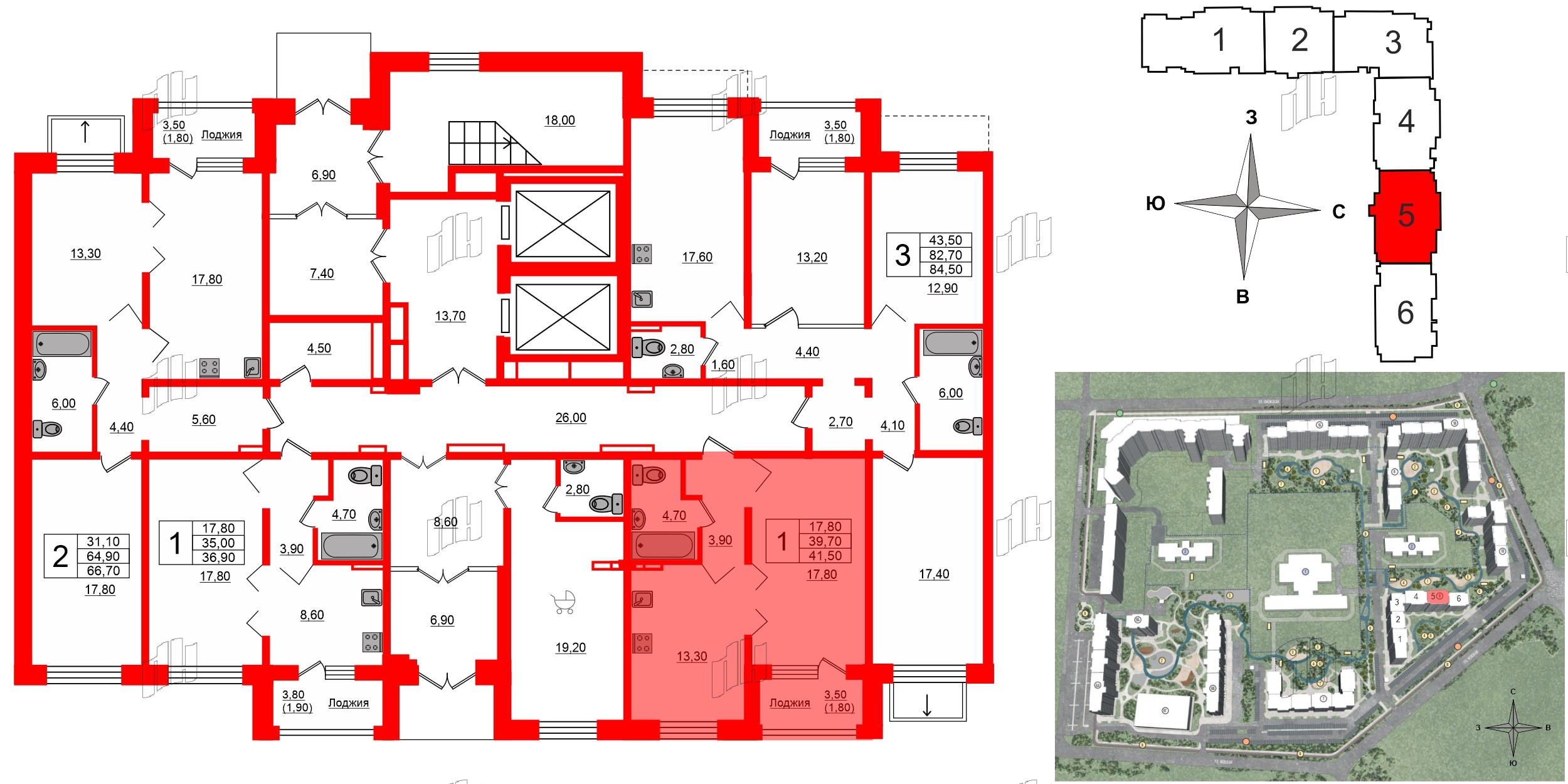 Квартира в ЖК Сибирь, 1 комнатная, 41.5 м², 1 этаж