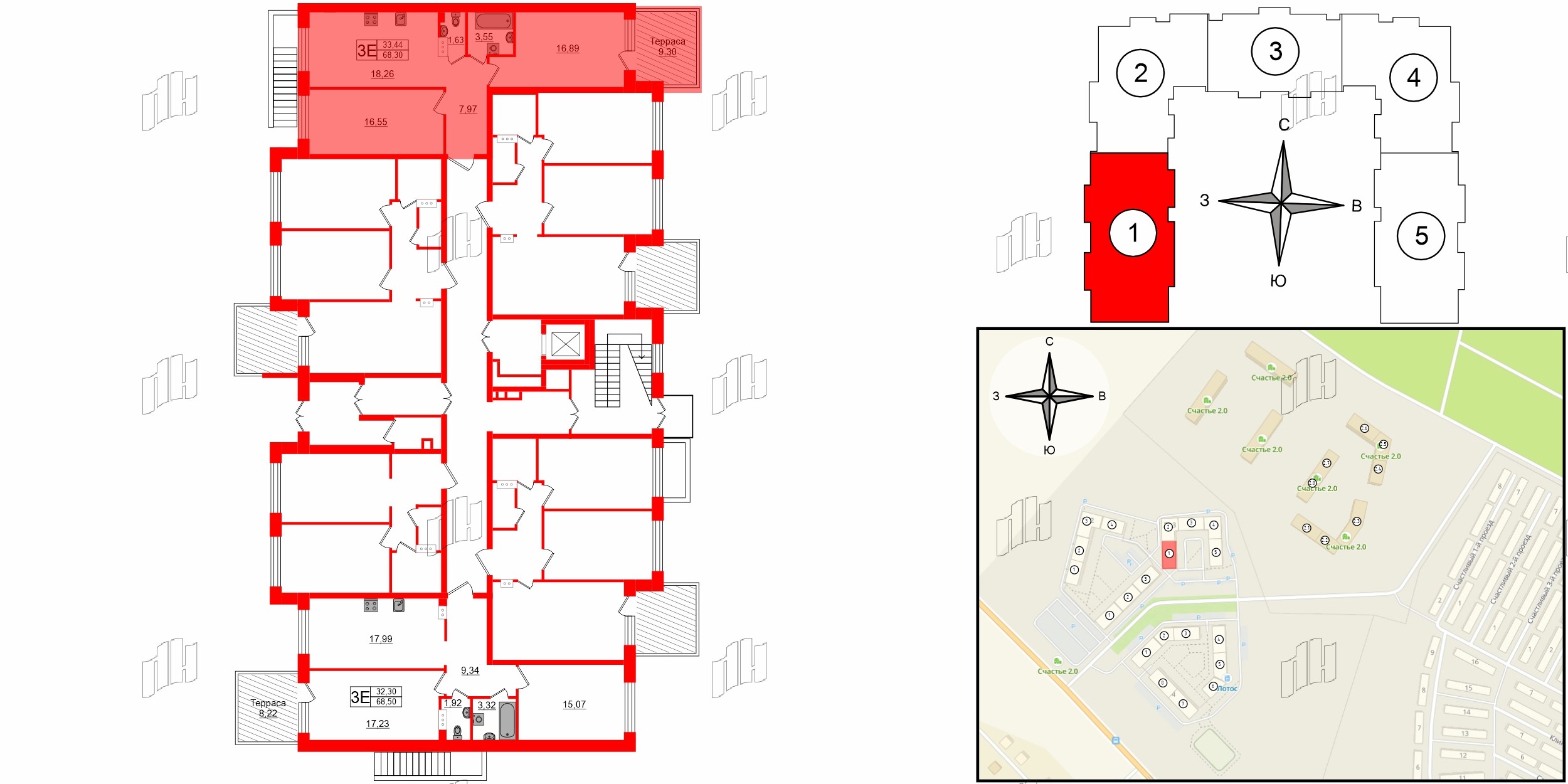 Квартира в ЖК Счастье 2.0, 2 комнатная, 68.3 м², 1 этаж