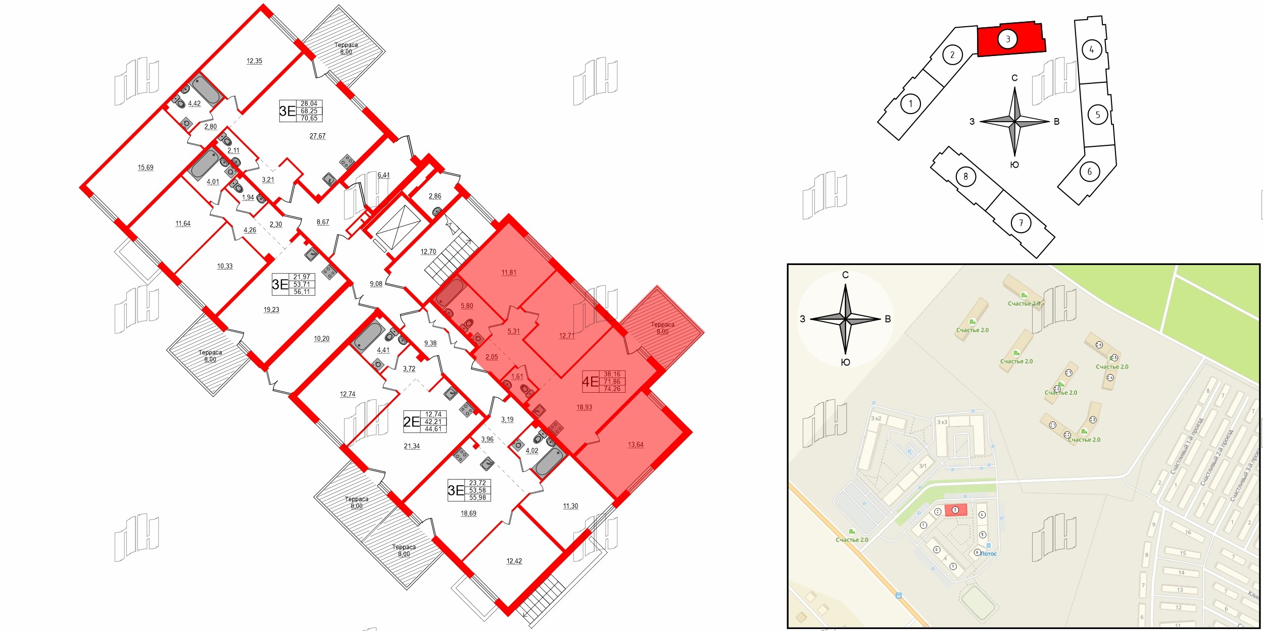 Квартира в ЖК Счастье 2.0, 3 комнатная, 74.26 м², 1 этаж