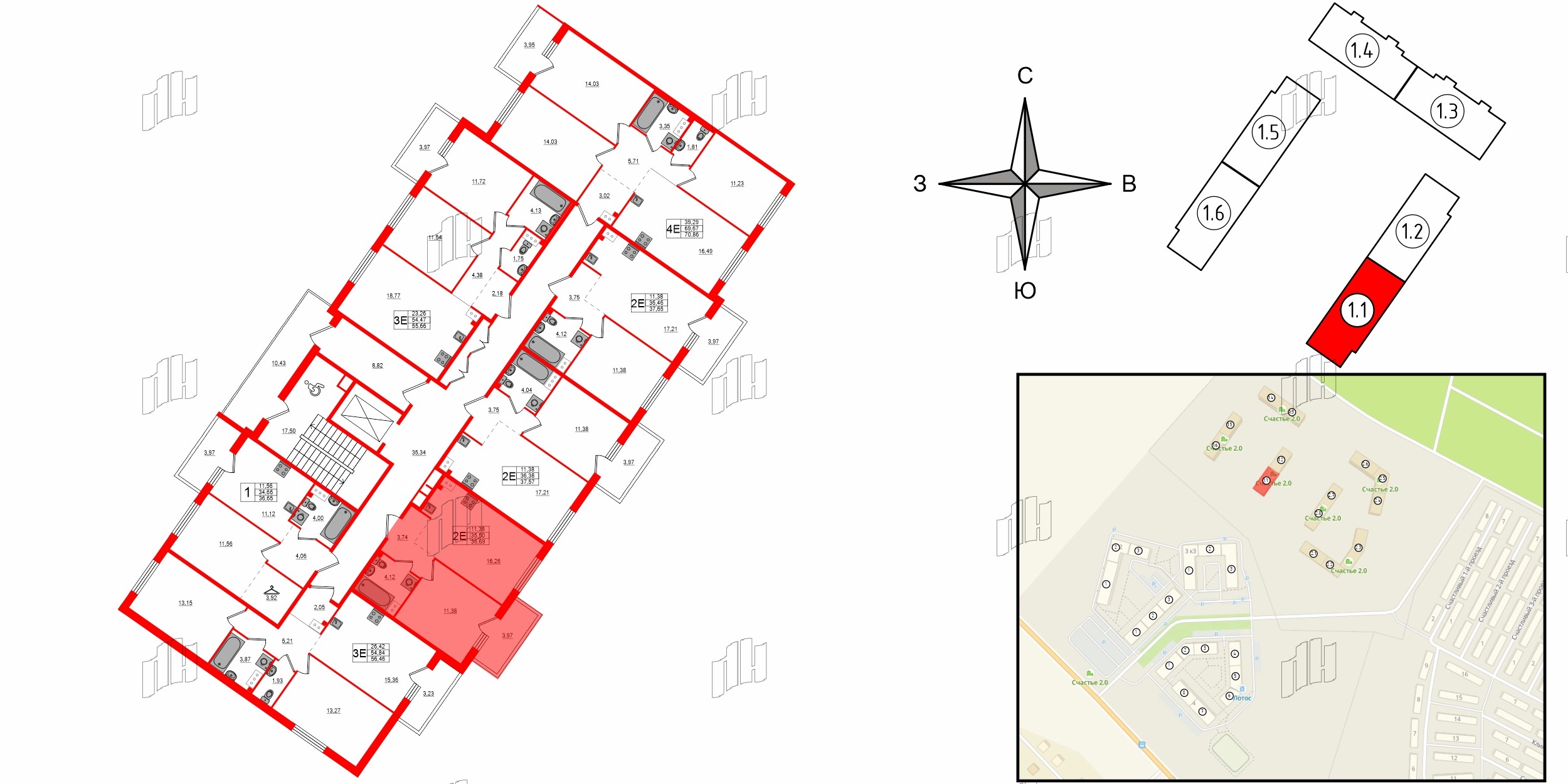 Квартира в ЖК Счастье 2.0, 1 комнатная, 36.69 м², 3 этаж