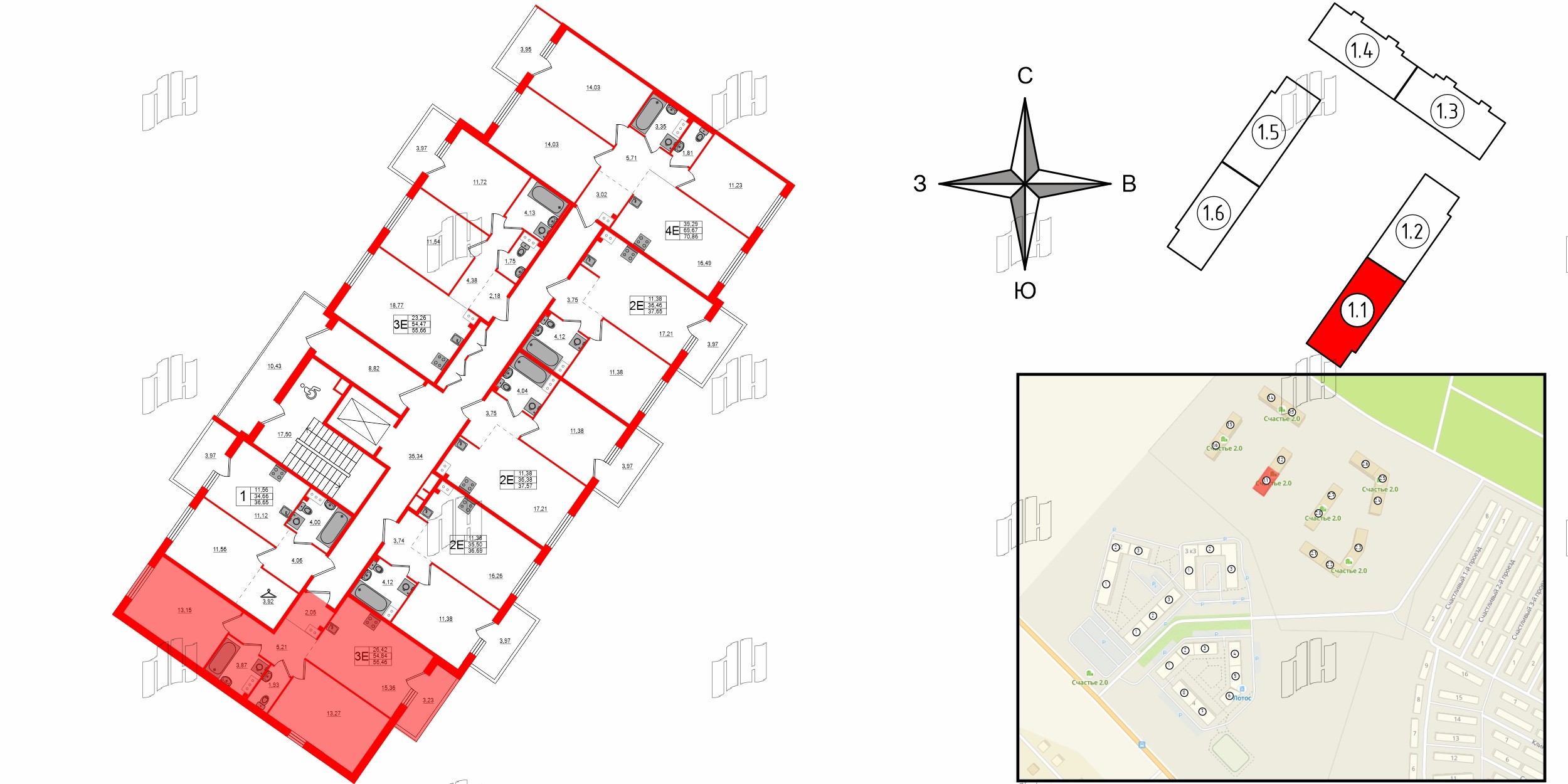 Квартира в ЖК Счастье 2.0, 2 комнатная, 56.46 м², 5 этаж