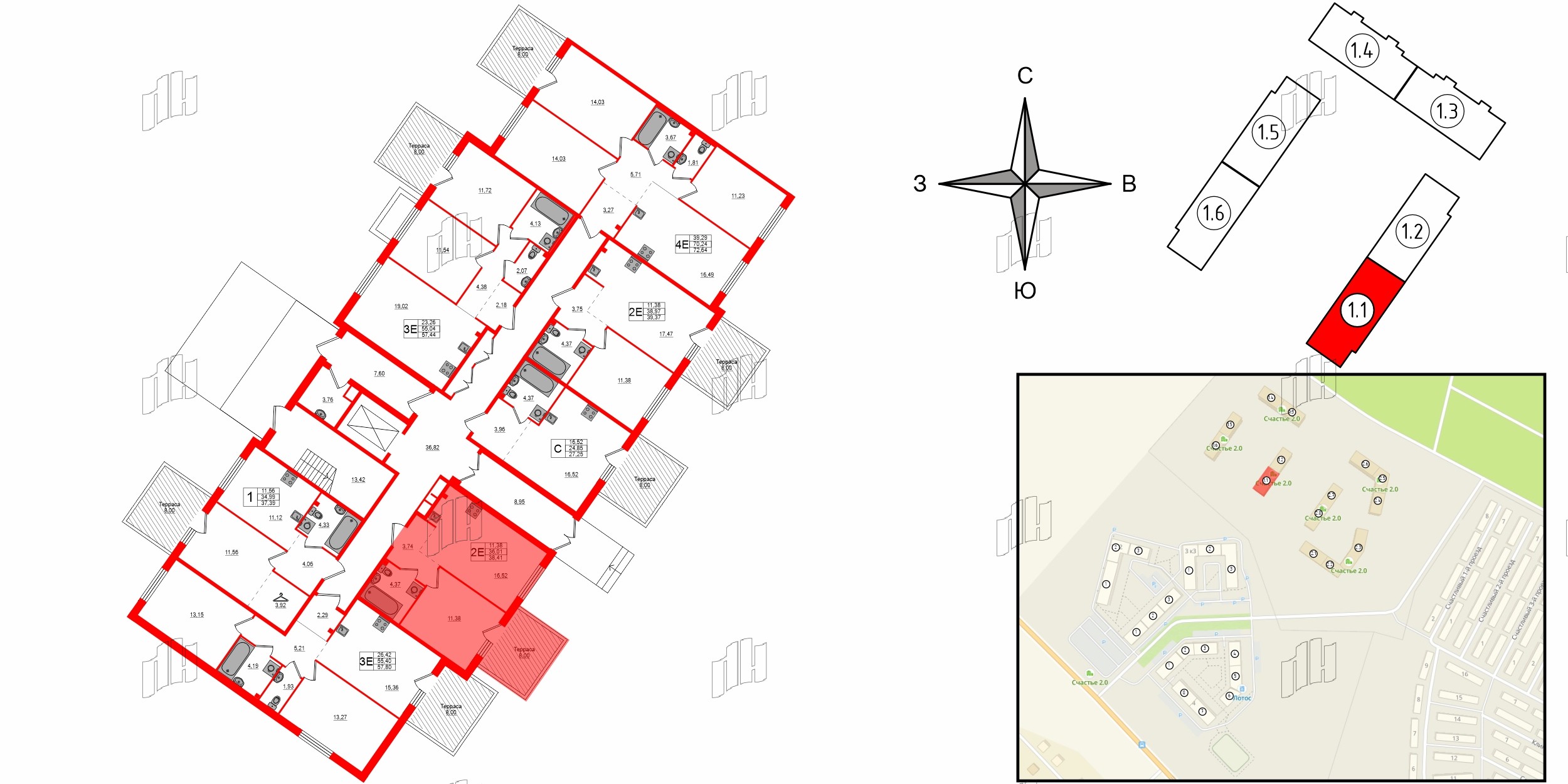 Квартира в ЖК Счастье 2.0, 1 комнатная, 38.41 м², 1 этаж