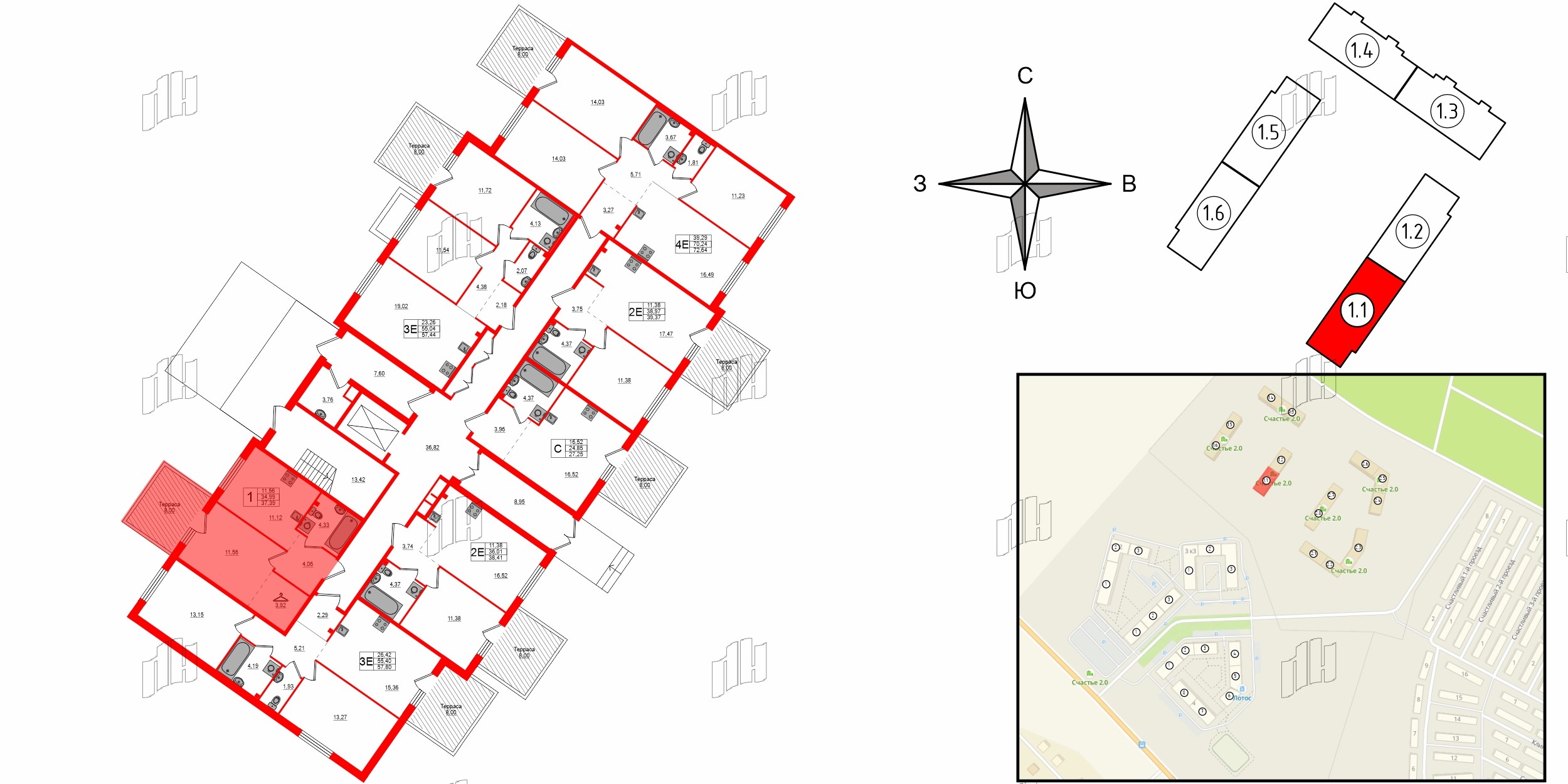 Квартира в ЖК Счастье 2.0, 1 комнатная, 37.39 м², 1 этаж