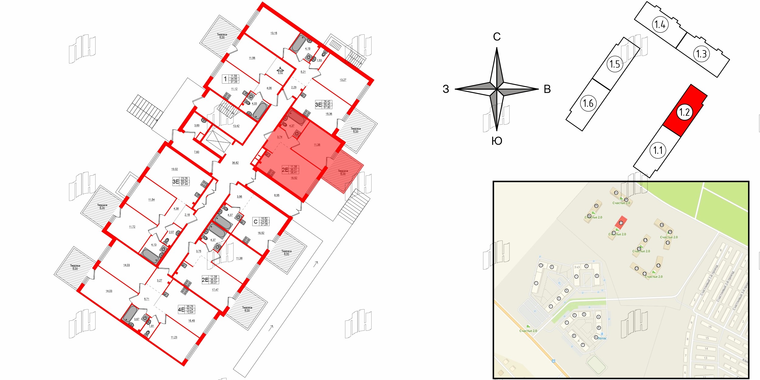 Квартира в ЖК Счастье 2.0, 1 комнатная, 38.41 м², 1 этаж