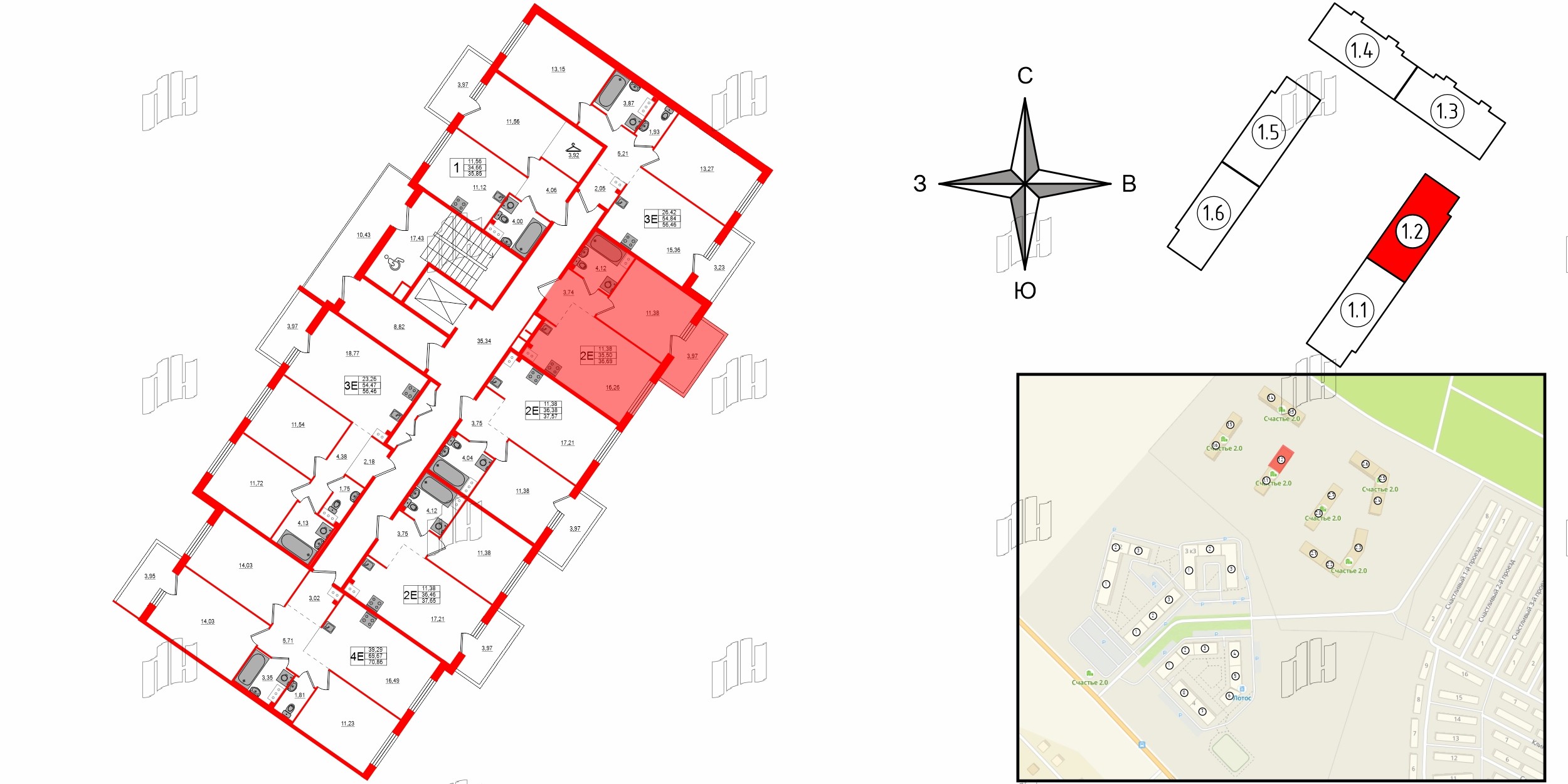 Квартира в ЖК Счастье 2.0, 1 комнатная, 36.69 м², 3 этаж
