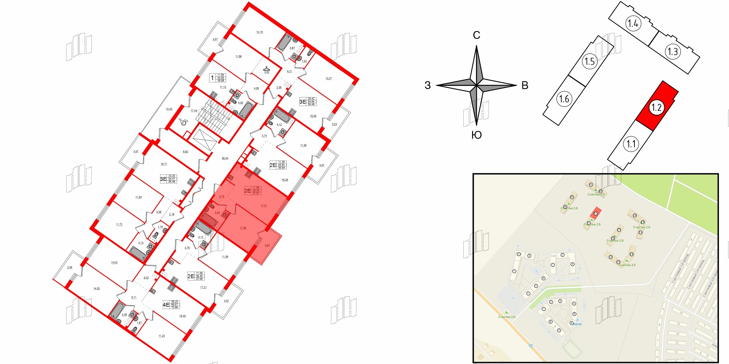 Квартира в ЖК Счастье 2.0, 1 комнатная, 37.57 м², 4 этаж
