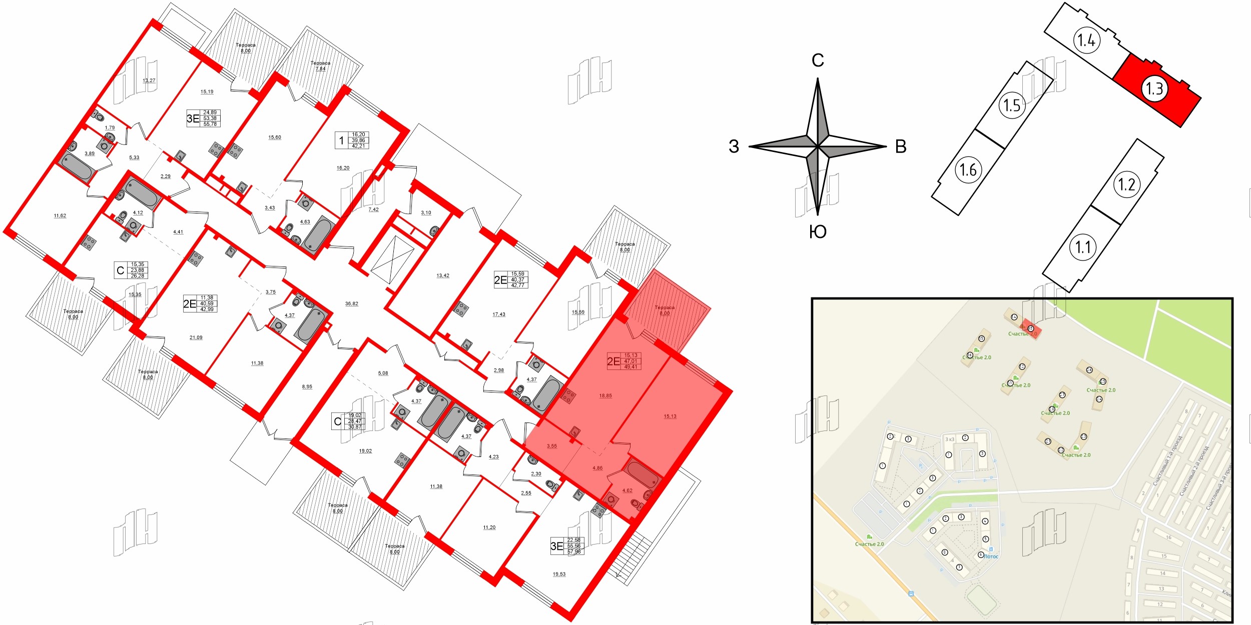 Квартира в ЖК Счастье 2.0, 1 комнатная, 49.41 м², 1 этаж