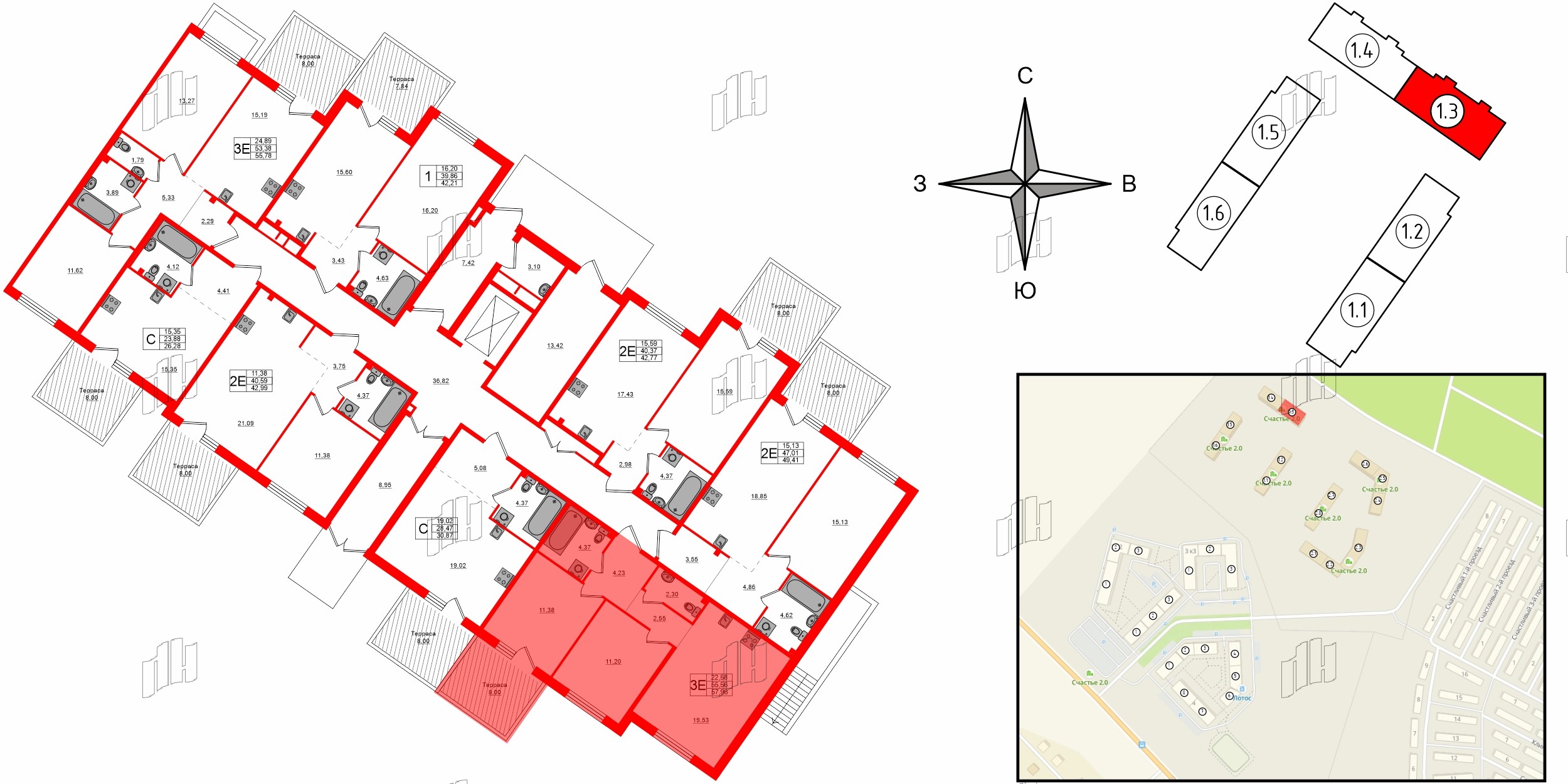 Квартира в ЖК Счастье 2.0, 2 комнатная, 57.96 м², 1 этаж