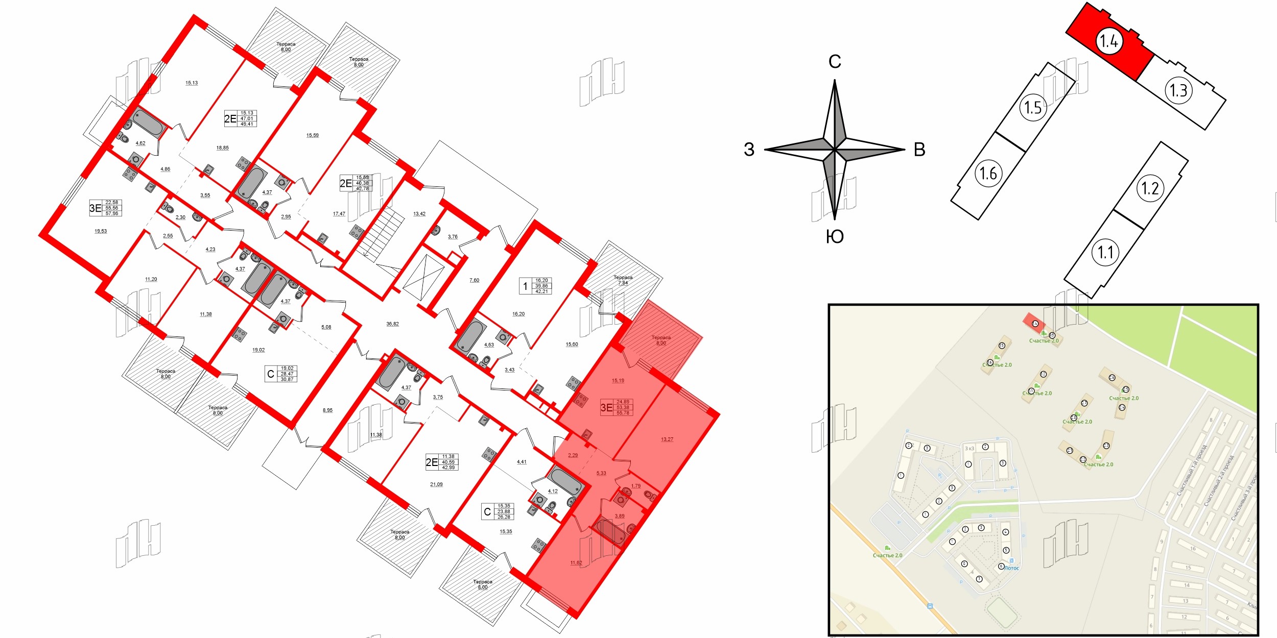 Квартира в ЖК Счастье 2.0, 2 комнатная, 55.78 м², 1 этаж