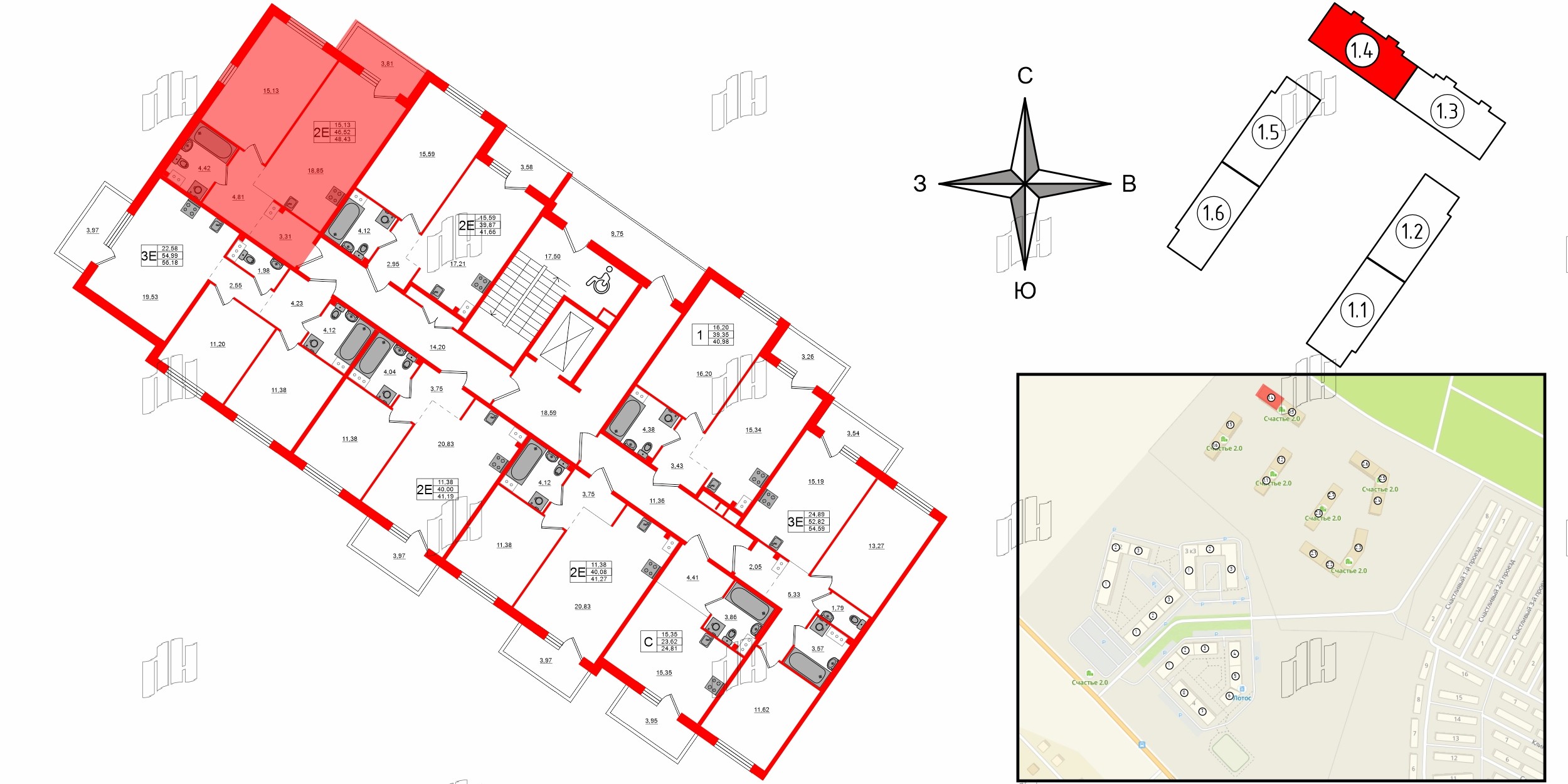 Квартира в ЖК Счастье 2.0, 1 комнатная, 48.43 м², 4 этаж