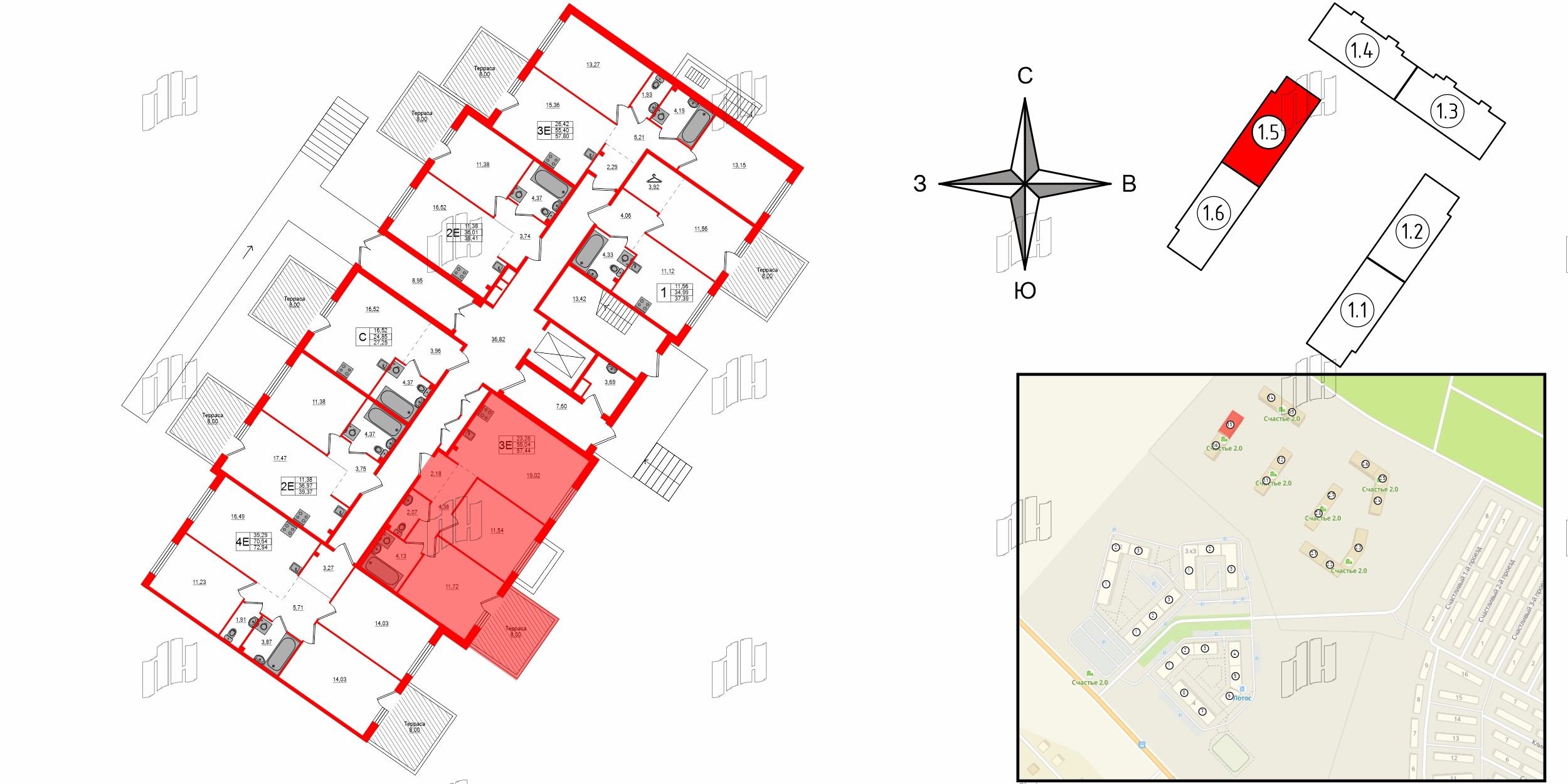 Квартира в ЖК Счастье 2.0, 2 комнатная, 57.44 м², 1 этаж