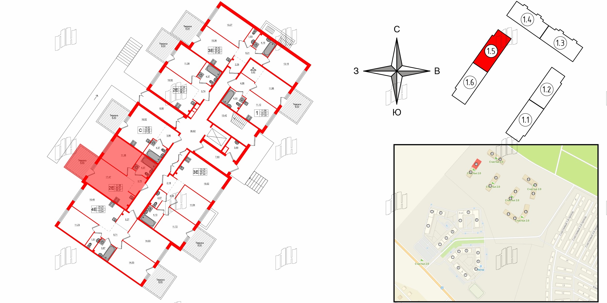 Квартира в ЖК Счастье 2.0, 1 комнатная, 39.37 м², 1 этаж