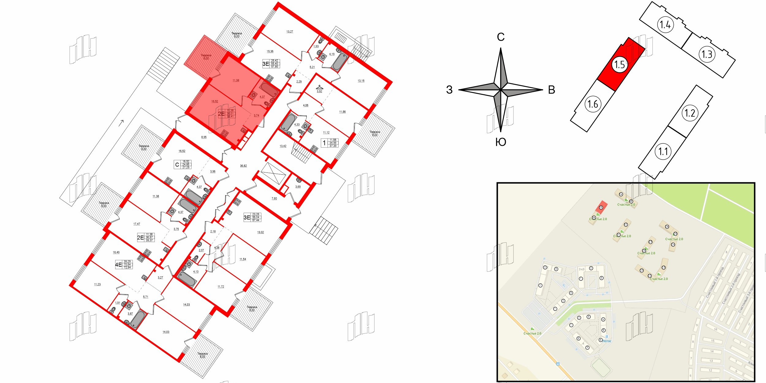 Квартира в ЖК Счастье 2.0, 1 комнатная, 38.41 м², 1 этаж