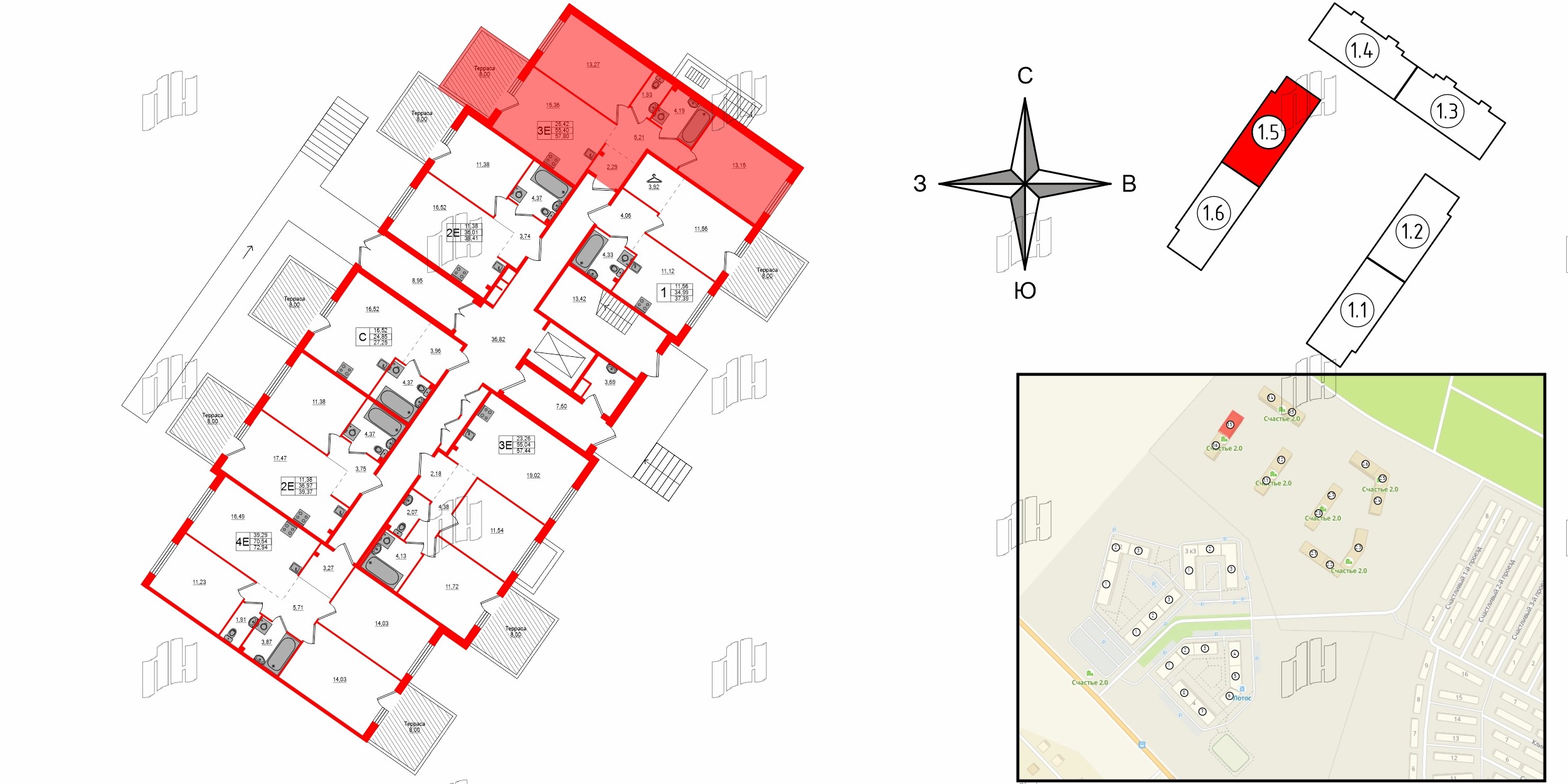 Квартира в ЖК Счастье 2.0, 2 комнатная, 57.8 м², 1 этаж