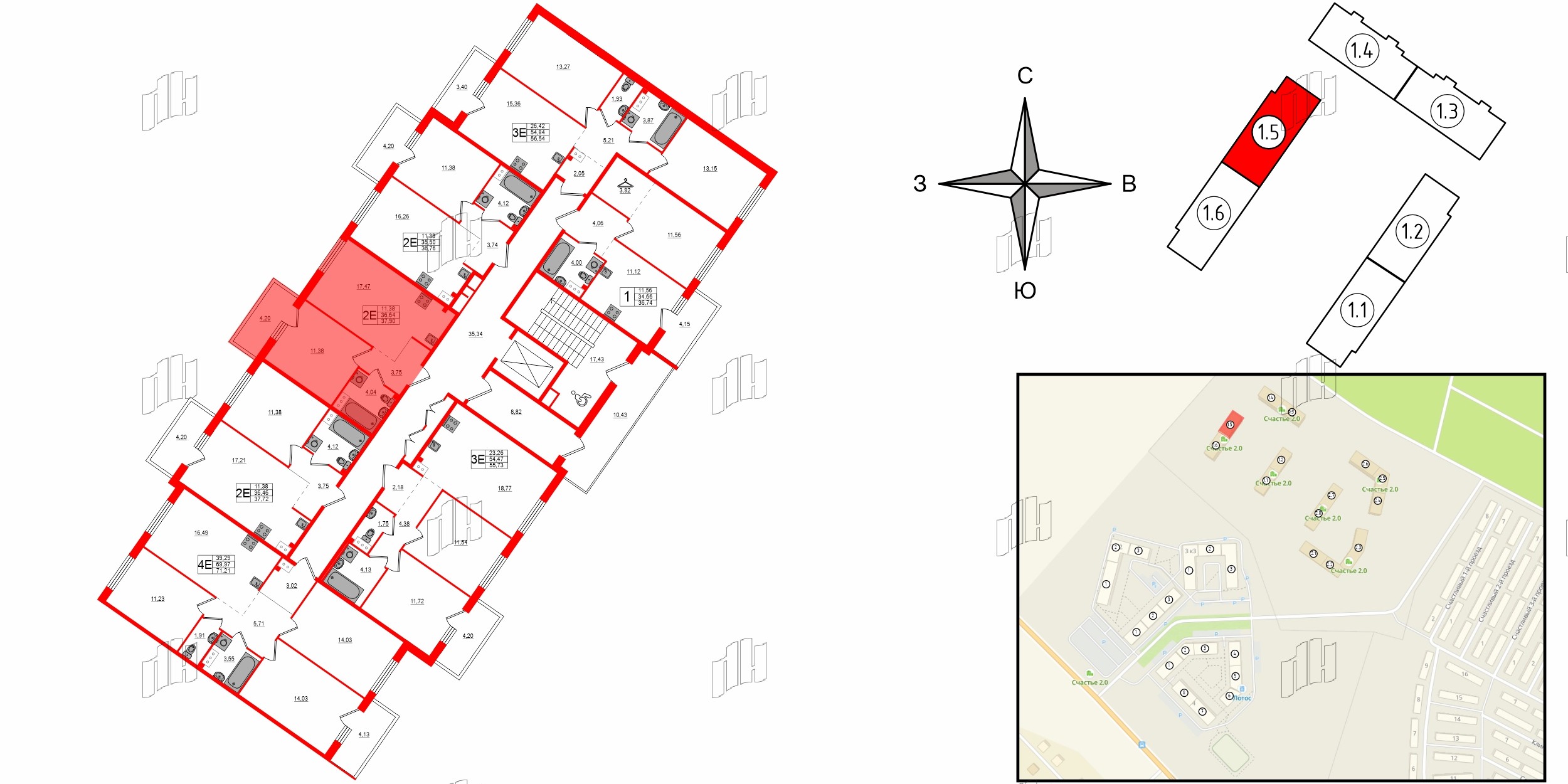 Квартира в ЖК Счастье 2.0, 1 комнатная, 37.9 м², 2 этаж