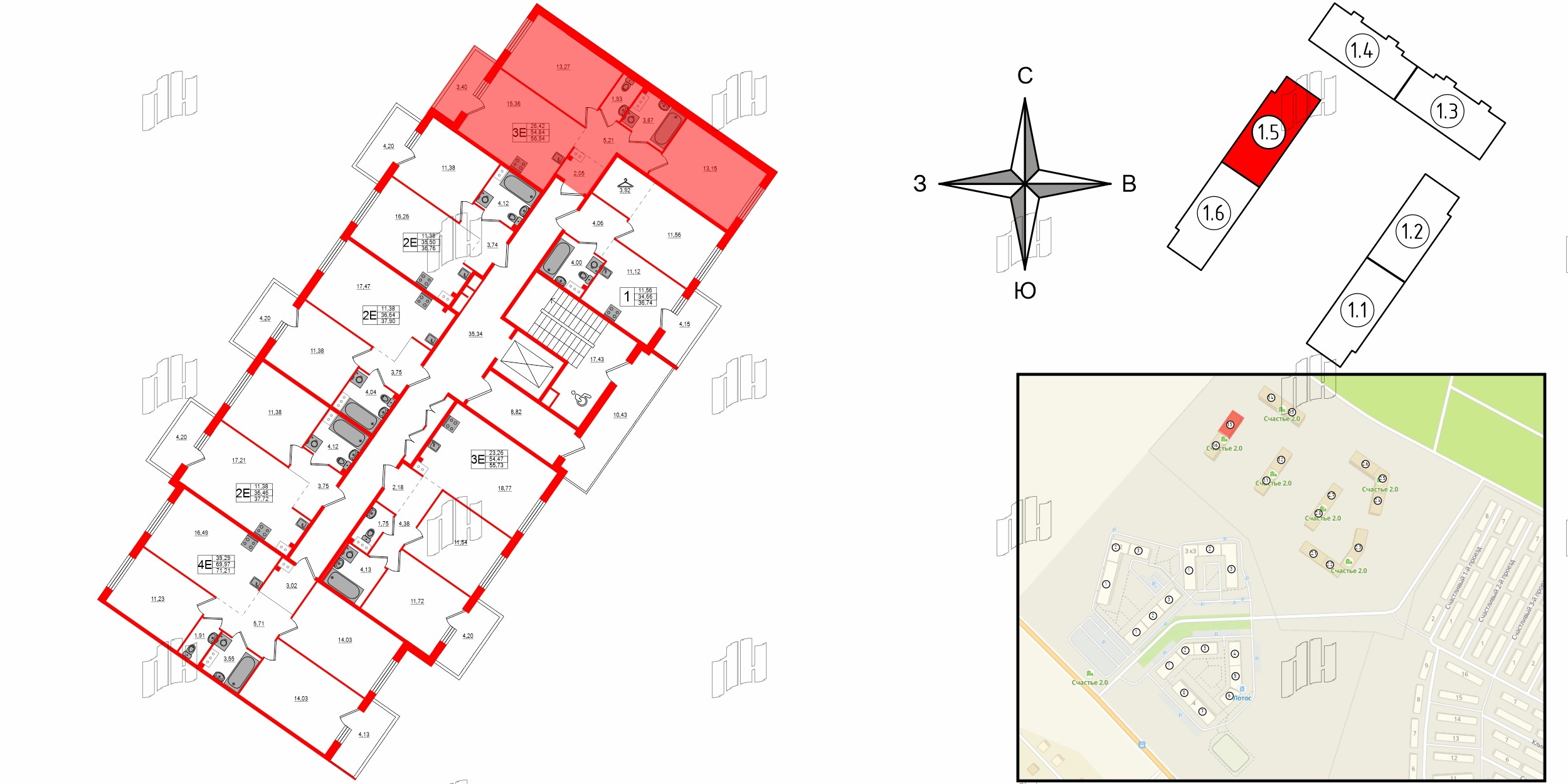 Квартира в ЖК Счастье 2.0, 2 комнатная, 56.54 м², 2 этаж