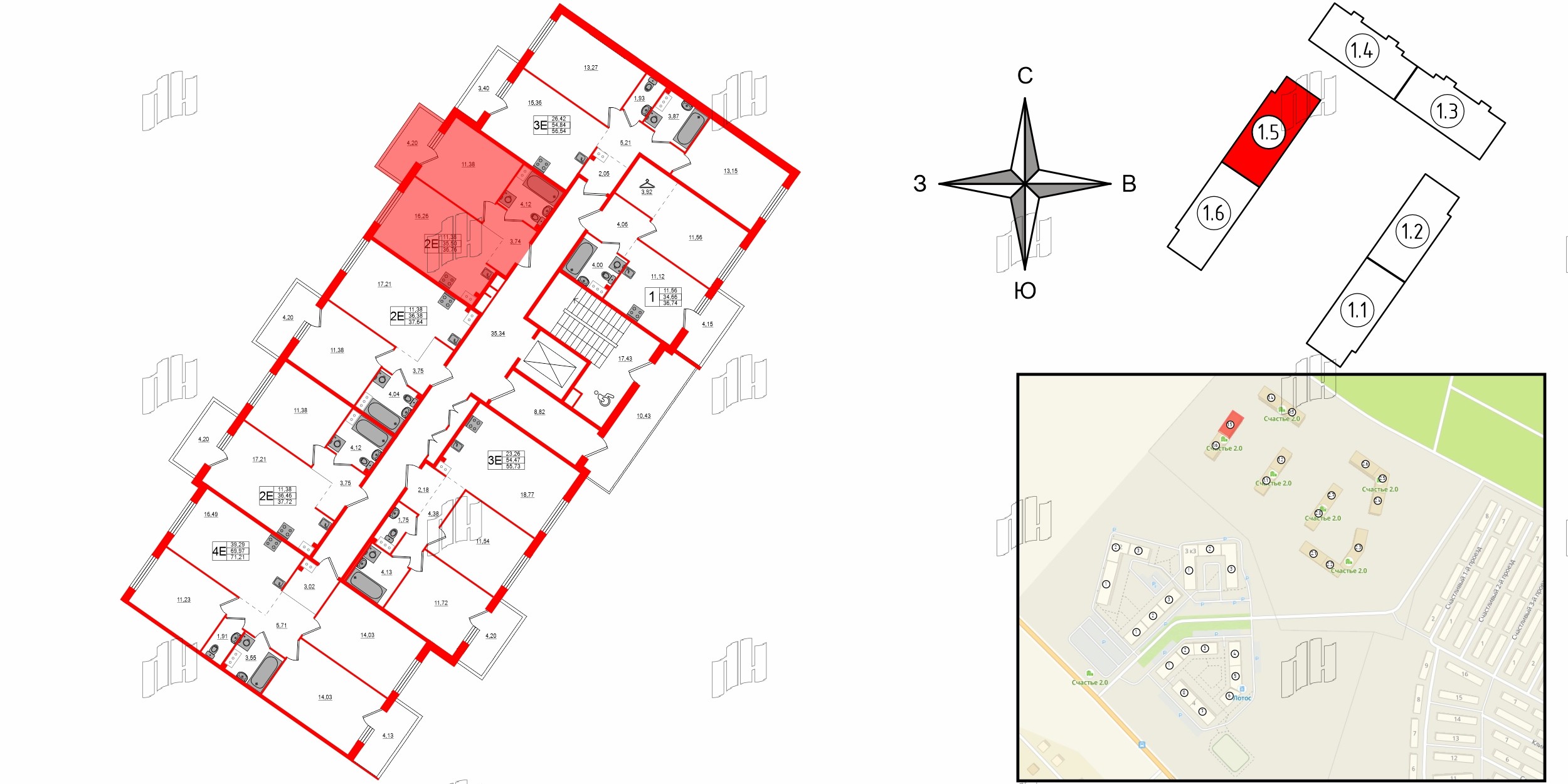 Квартира в ЖК Счастье 2.0, 1 комнатная, 36.76 м², 4 этаж