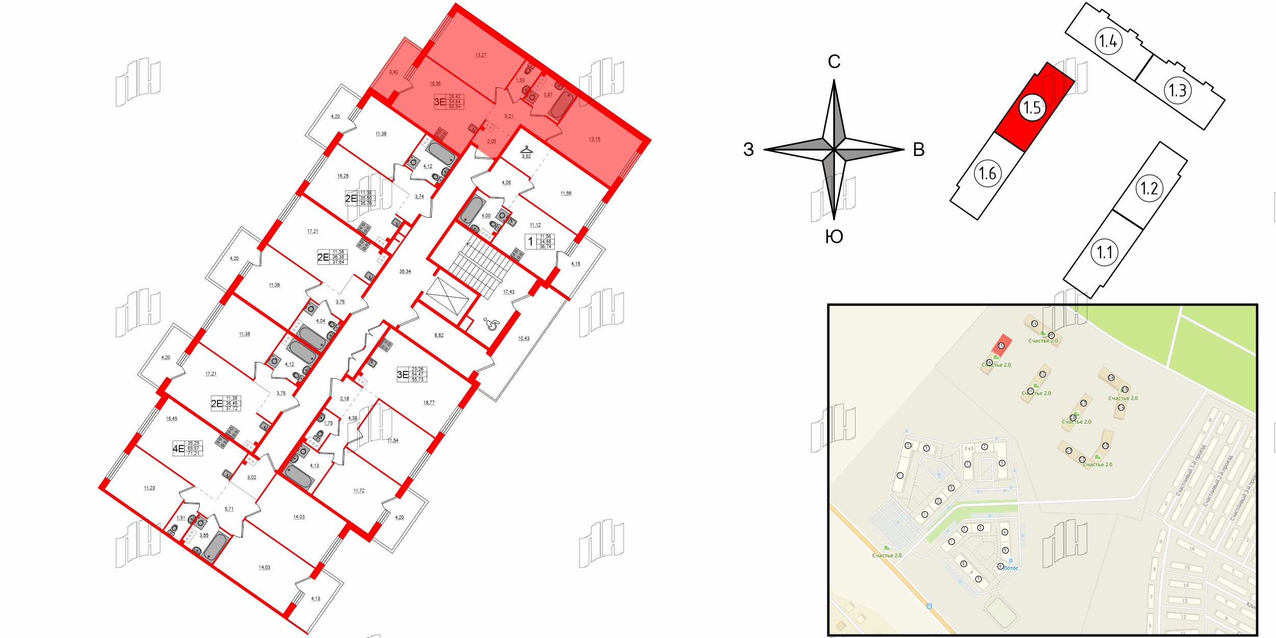 Квартира в ЖК Счастье 2.0, 2 комнатная, 56.54 м², 4 этаж
