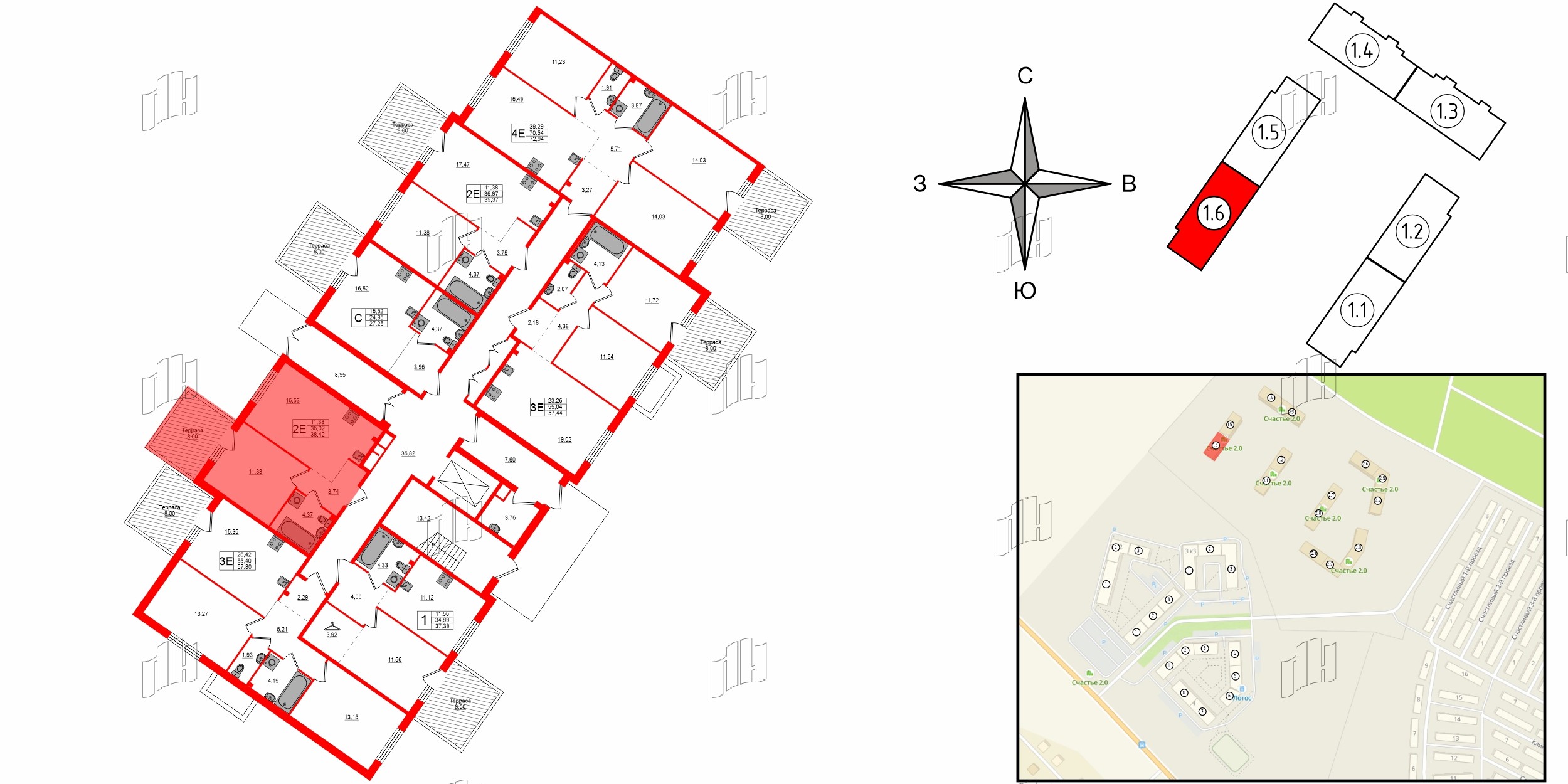 Квартира в ЖК Счастье 2.0, 1 комнатная, 38.41 м², 1 этаж