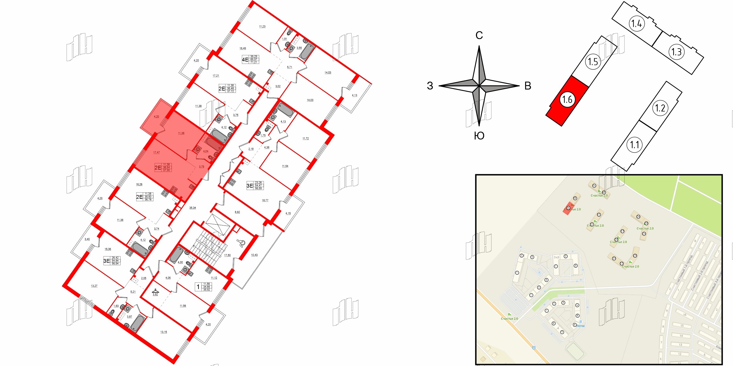 Квартира в ЖК Счастье 2.0, 1 комнатная, 37.57 м², 2 этаж