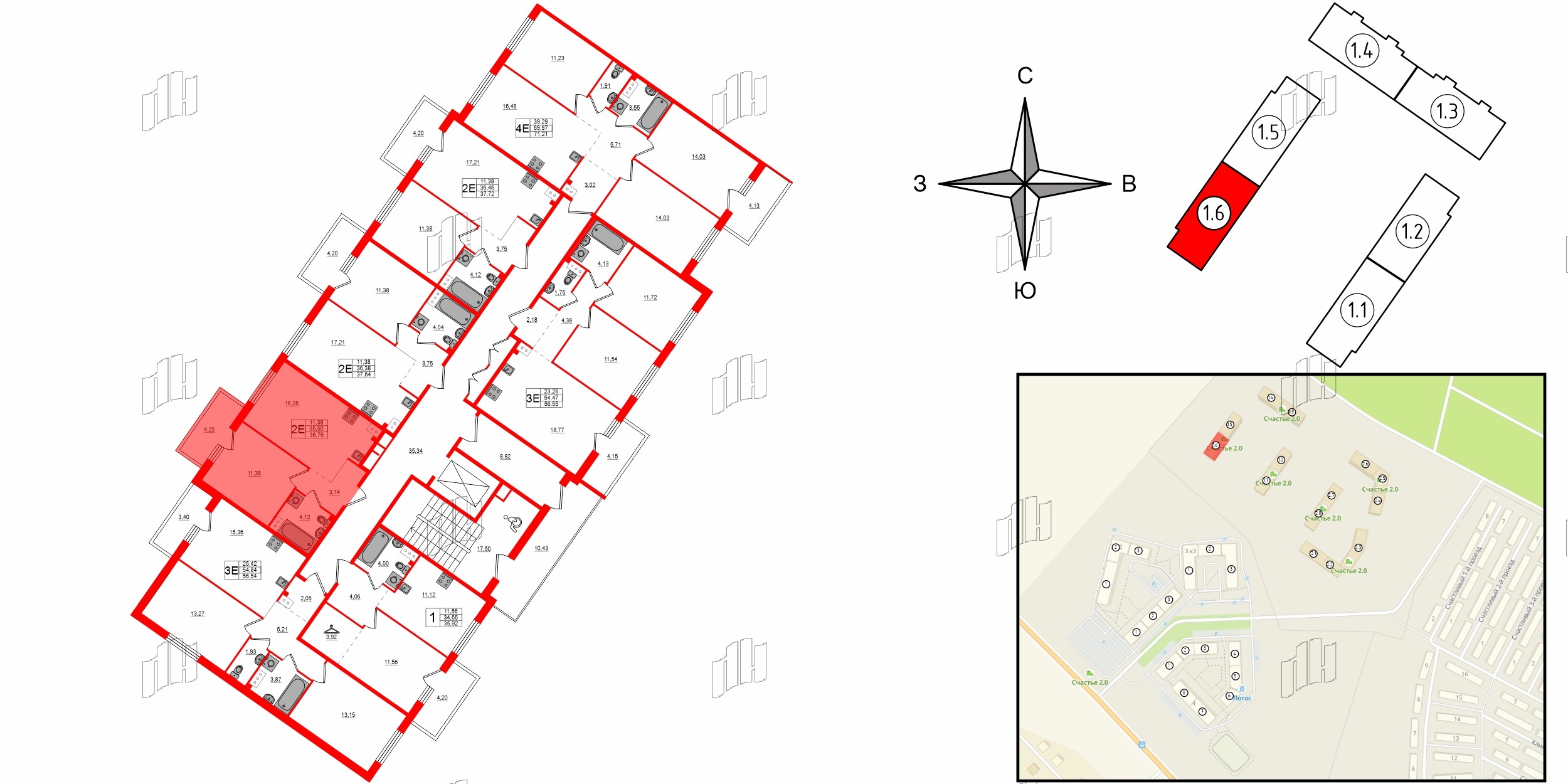 Квартира в ЖК Счастье 2.0, 1 комнатная, 36.85 м², 3 этаж