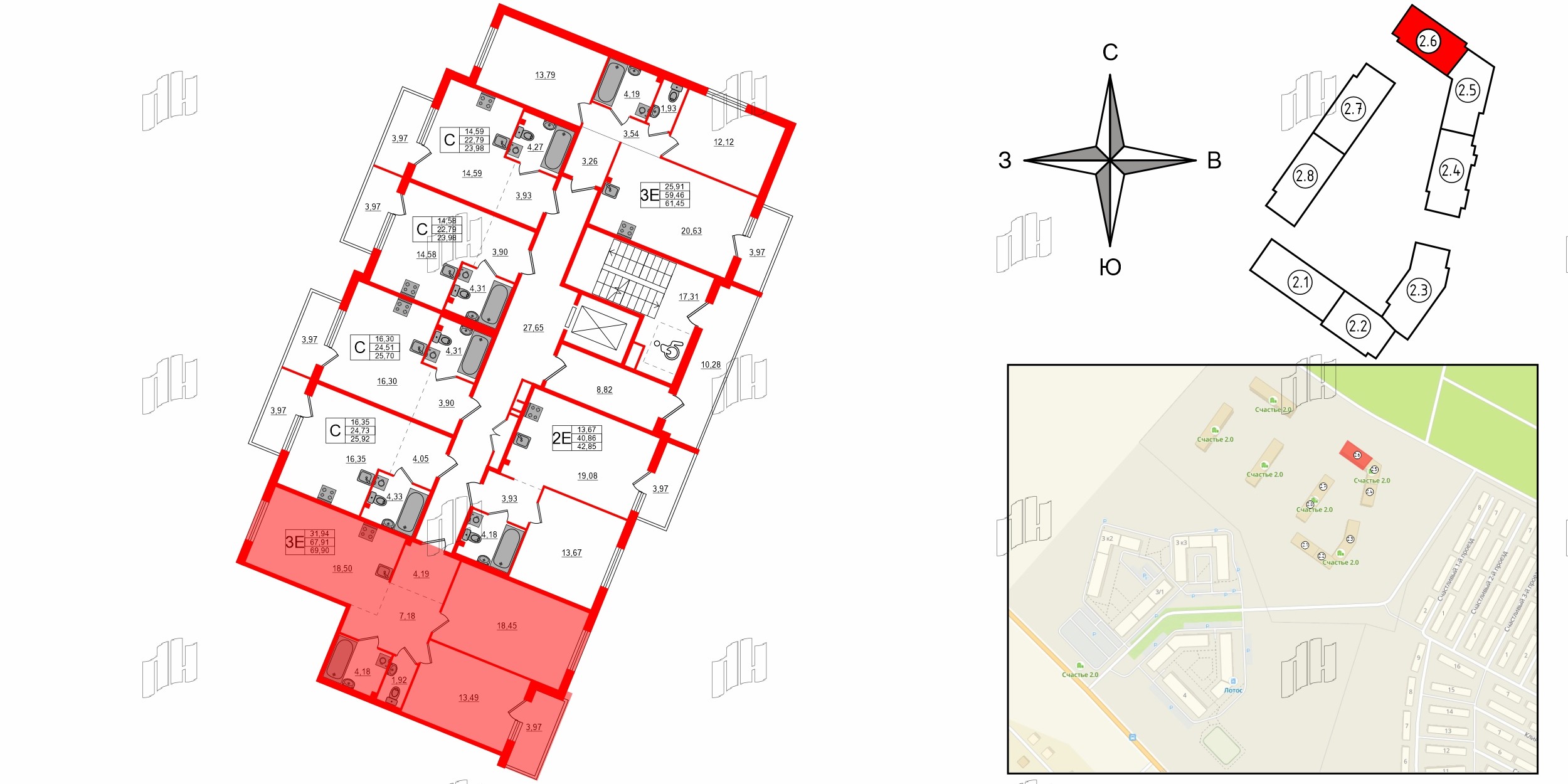Квартира в ЖК Счастье 2.0, 2 комнатная, 69.9 м², 2 этаж