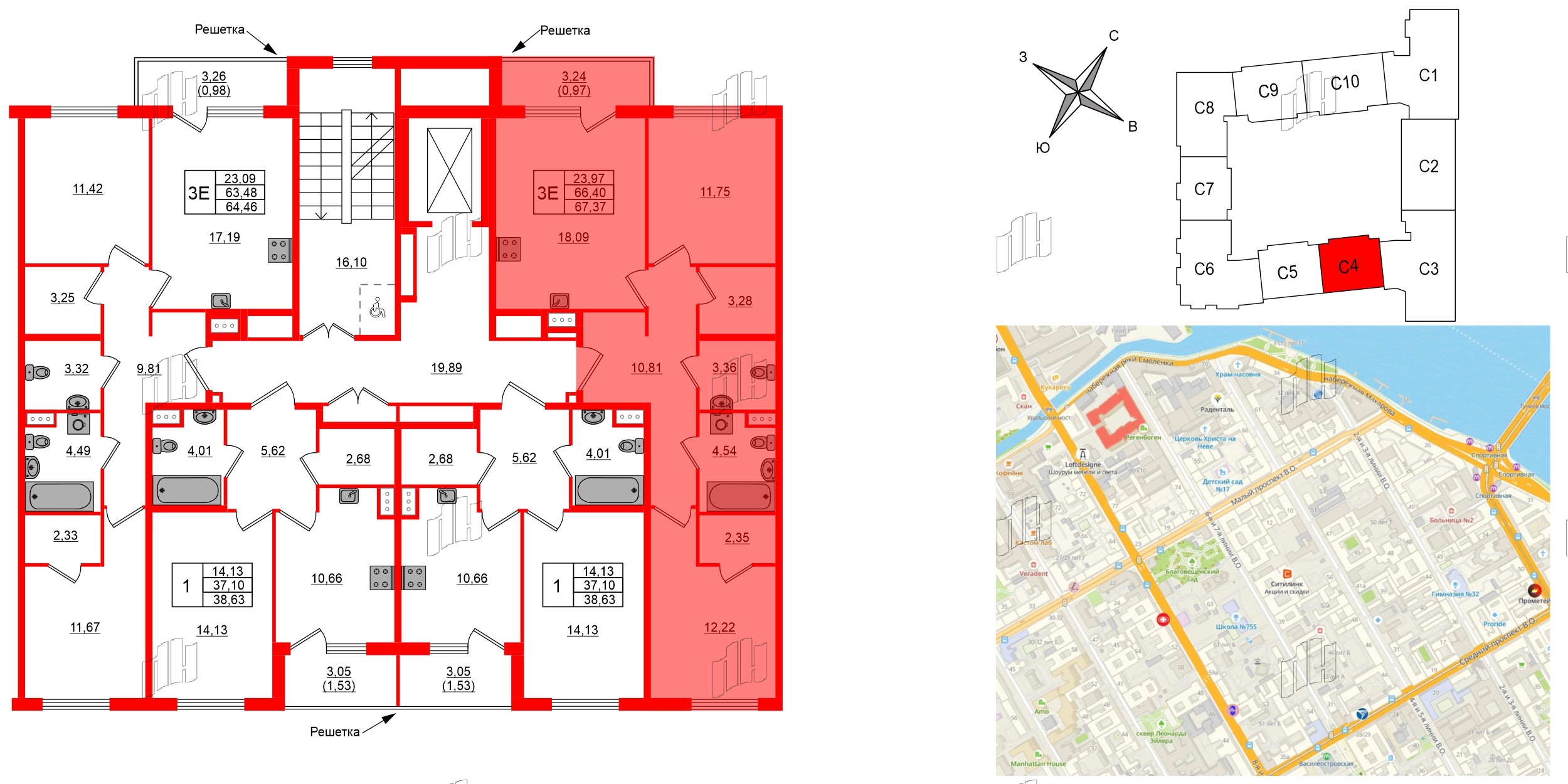 Квартира в ЖК Регенбоген, 2 комнатная, 67.37 м², 3 этаж