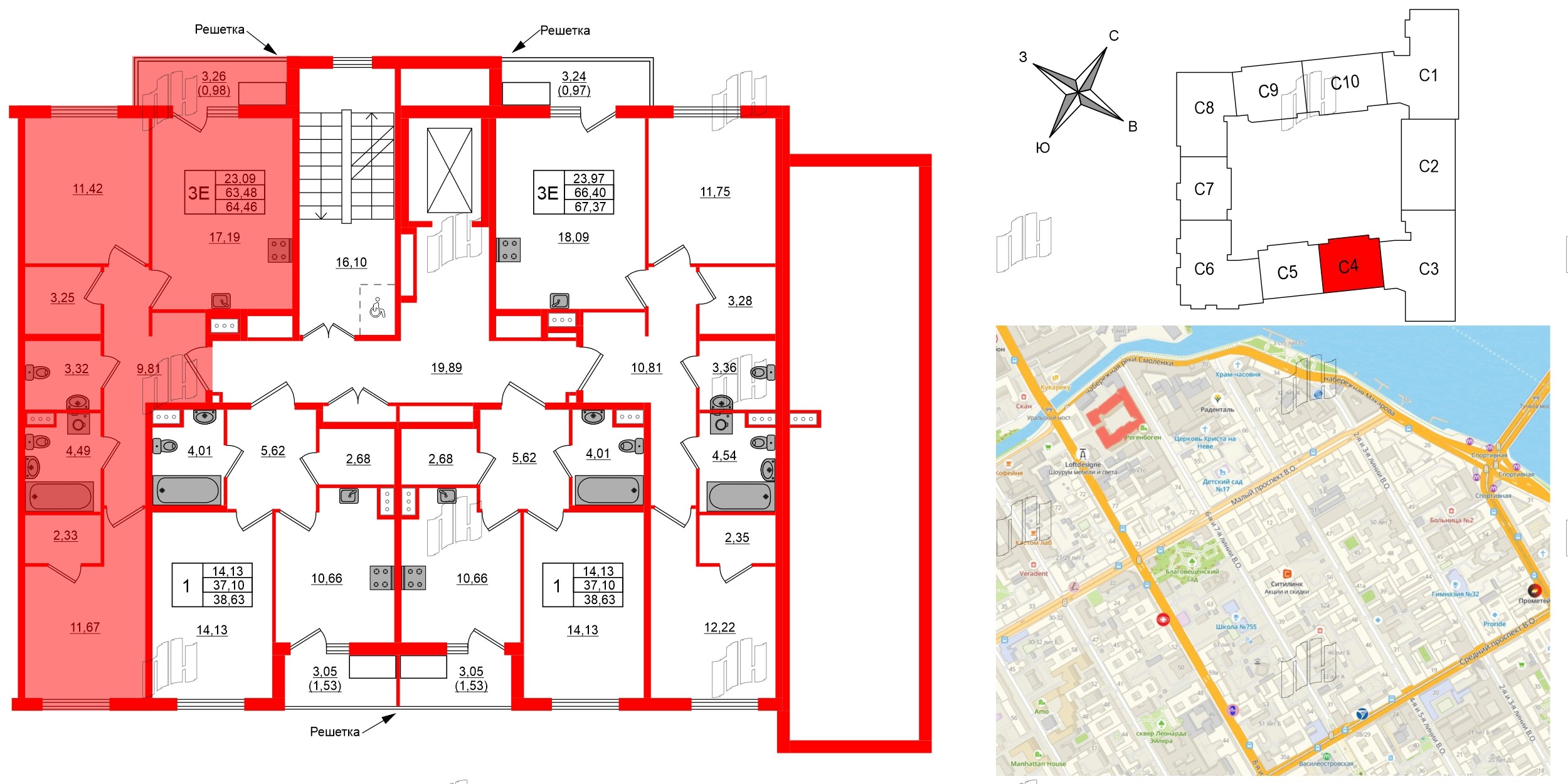 Квартира в ЖК Регенбоген, 2 комнатная, 64.46 м², 6 этаж