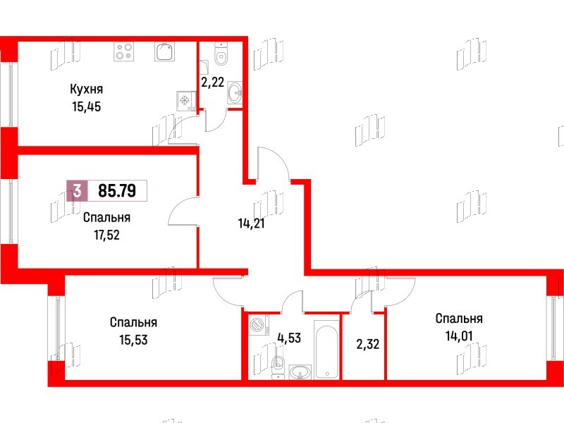 Квартира в ЖК Фотограф, 3 комнатная, 85 м², 1 этаж
