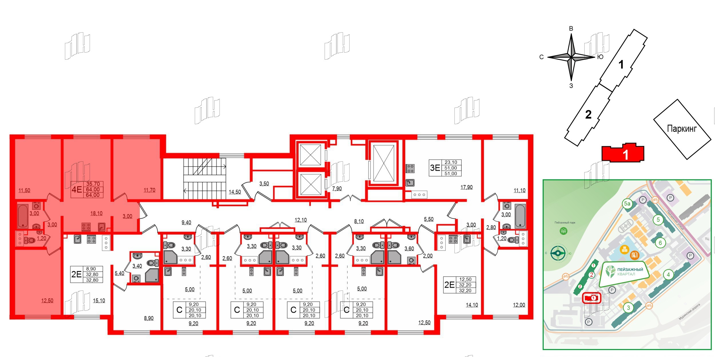 Квартира в ЖК «Цветной город», 3 комнатная, 64 м², 18 этаж
